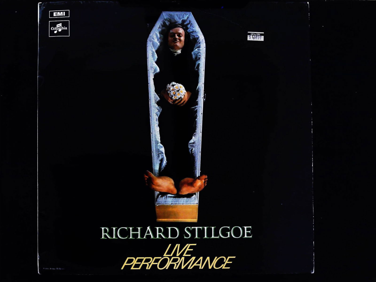 Richard Stilgoe Live Performance LP Vinyl Record: This lot consists of three items: a single 12-inch black vinyl LP record, its accompanying printed cardboard outer sleeve, and a separate informational contact insert sheet. The album is Richard Stilg