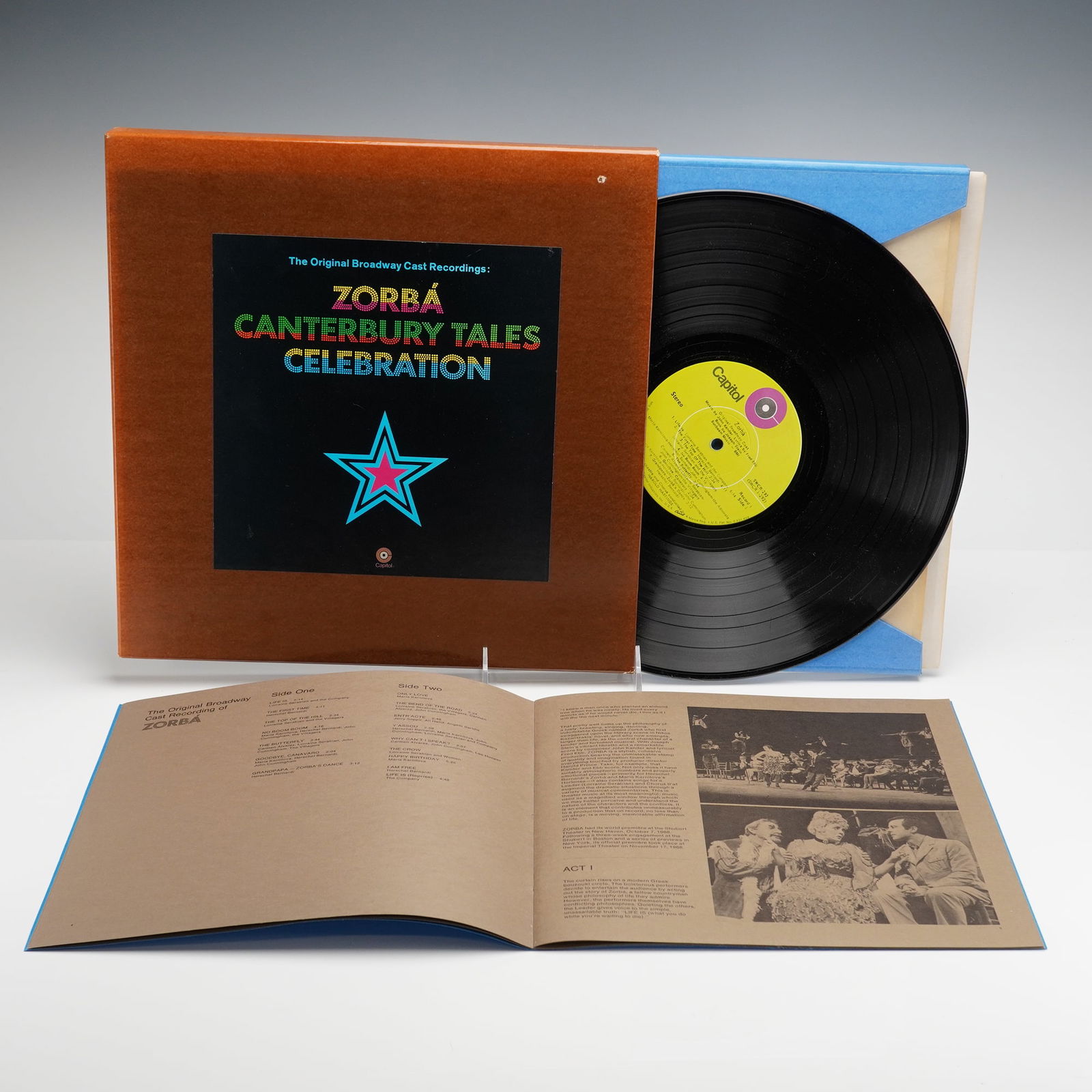 Zorba/Canterbury Tales/Celebration Original Broadway Cast Vinyl Records: A boxed set containing the original cast recordings of three distinct Broadway productions: Zorba (1968), Canterbury Tales (1969), and Celebration (1969). The set is the standard 3-LP format, Stereo S
