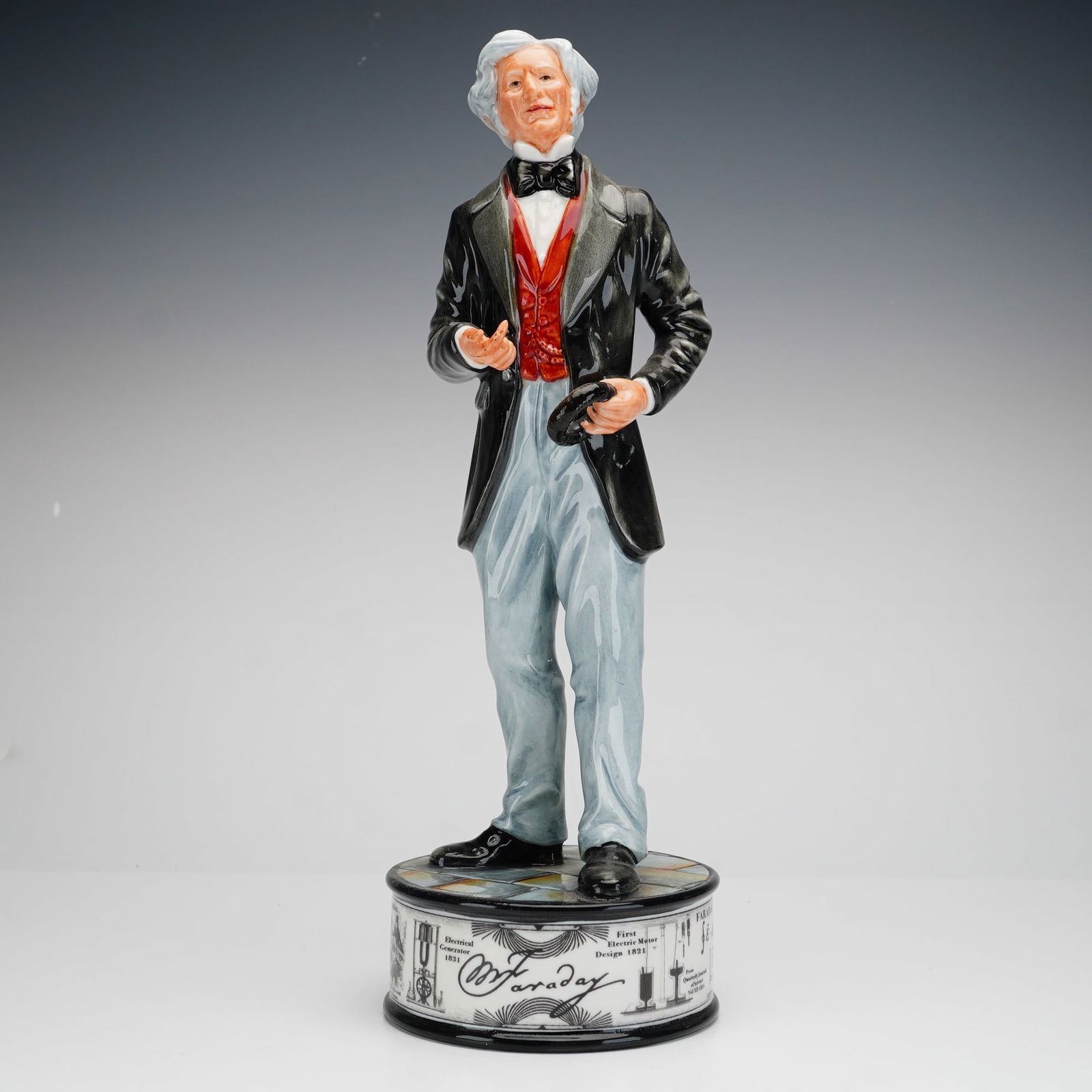 Royal Doulton Figurine, Michael Faraday HN5196: This hand-painted, limited edition 31 of 350, fine bone china figure was modeled by Robert J. Tabbenor with decorative design by D. Hopewell. The figure is portrayed in 19th-century period attire,