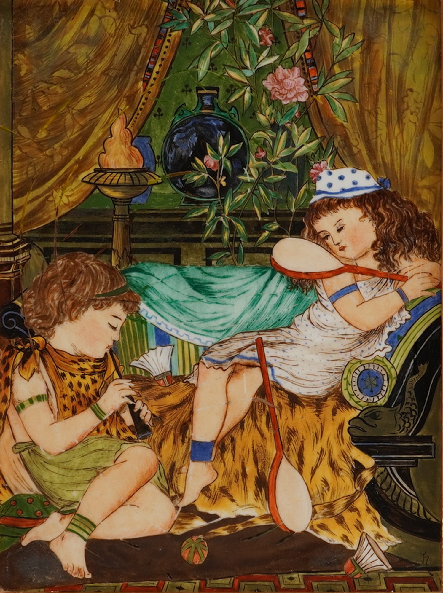 Minton Attributed to William Henry Weston Framed Painted Tile, Winter: This painted tile depicts an interior scene, reportedly representing the season "Winter." The composition features two children in exotic attire seated on a couch draped with a tiger and leopard