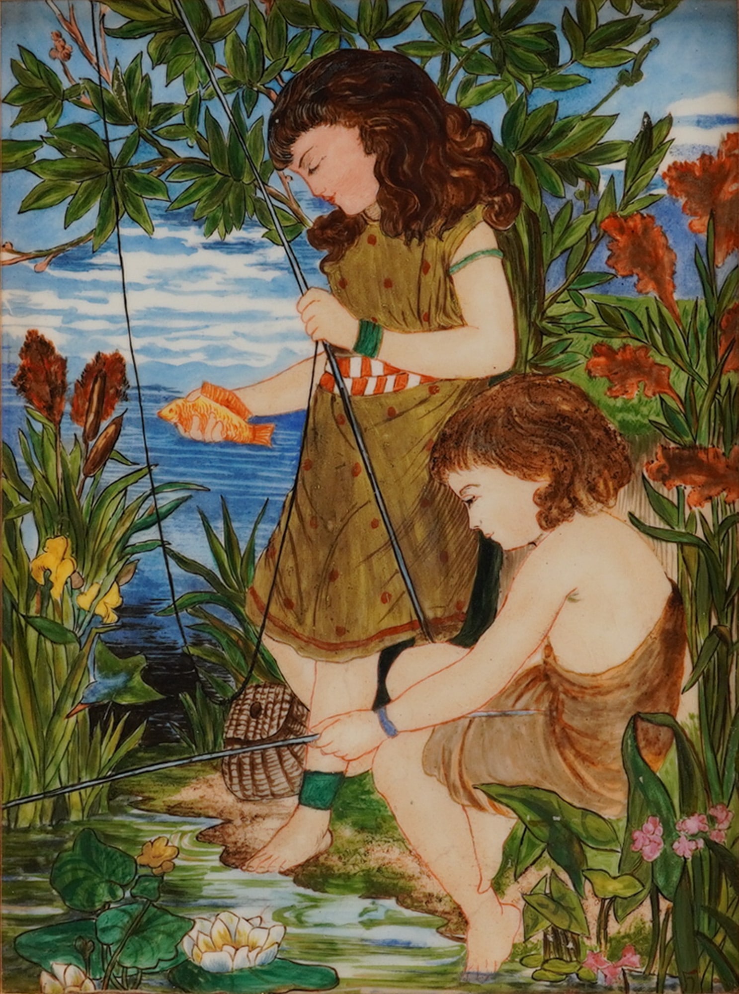 Minton Framed Tile Panel "Summer" by William Henry Weston: A single wood-framed tile painting, attributed to Minton and executed by the artist William Henry Weston (18451932). The ceramic tile panel depicts a scene titled "Summer," rendered in a polychrome