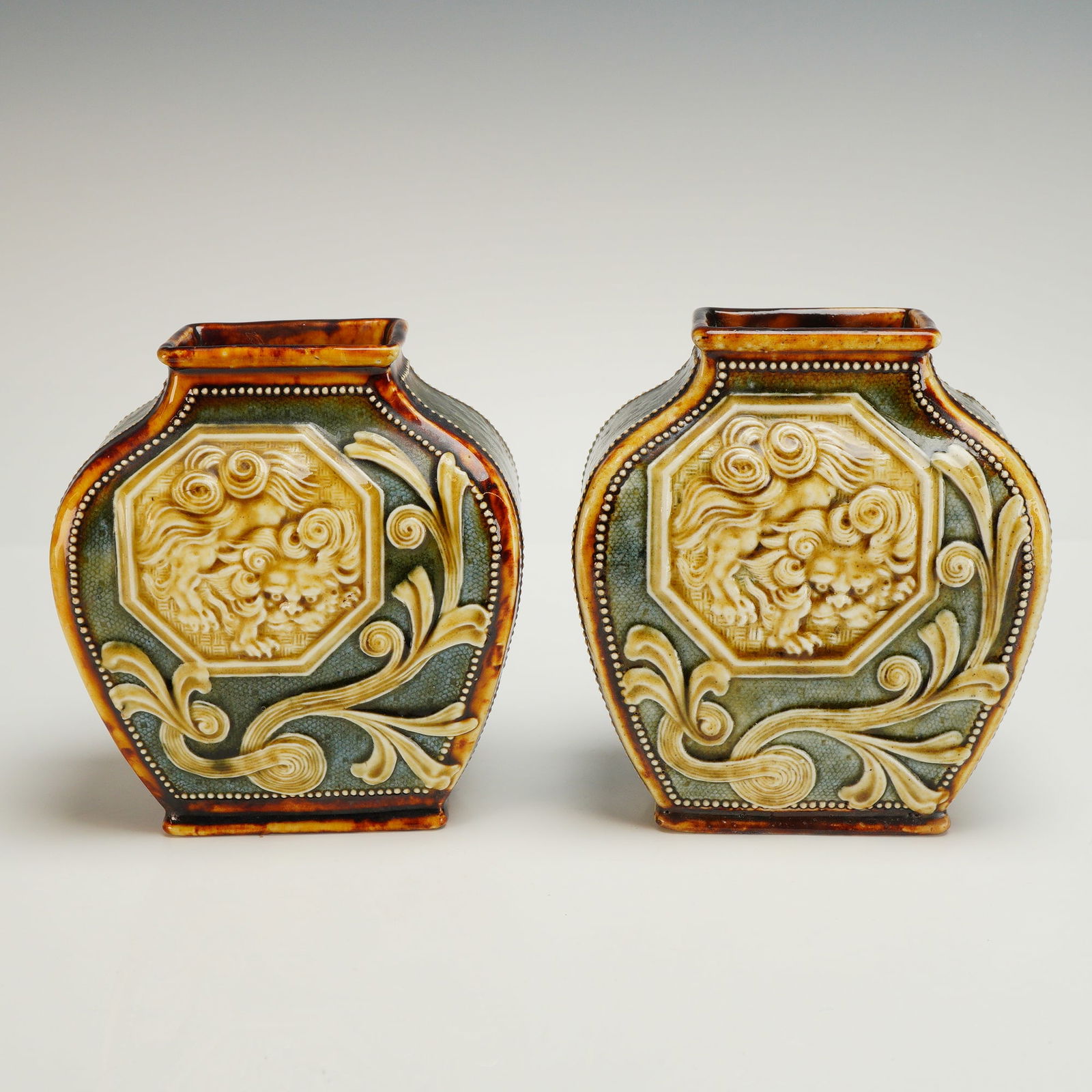 Pair Pair of Doulton Lambeth & Slaters Stoneware Chine Ware Foo Dog Vases (1 of 5)