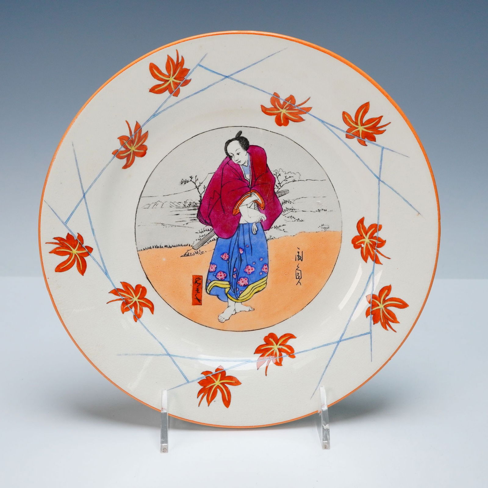 Wedgwood Ceramic Japanese Series Kabuki Actor Plate: Decorated in an Ukiyo-e style, the front features a central circular polychrome scene depicting a Kabuki actor in traditional Japanese dress holding a sword within a landscape setting. The border is s