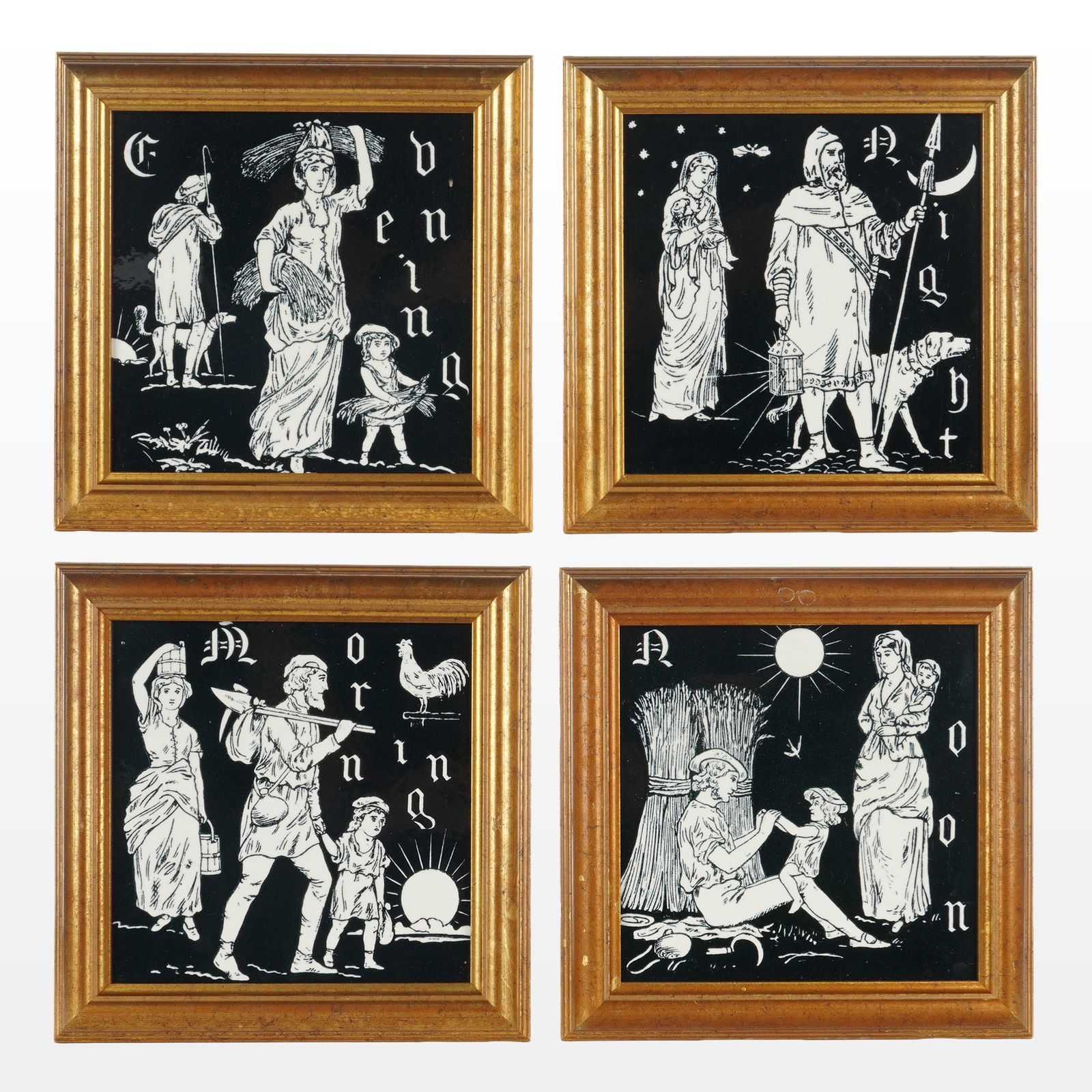 4pc Framed Minton Ceramic Black and White Times of the Day Tiles (1 of 2)