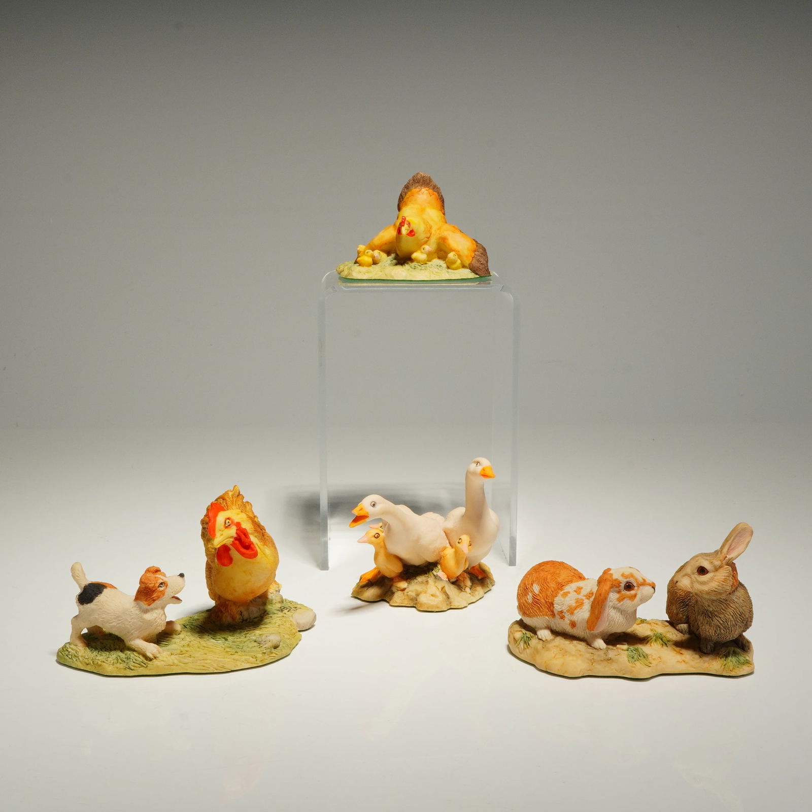 4pc Schmid Border Fine Arts Figurines by Lowell Davis: This collection of four hand-painted resin figurines was produced for the Schmid Border Fine Arts line and designed by artist Lowell Davis. The group features various farm animal subjects, including a