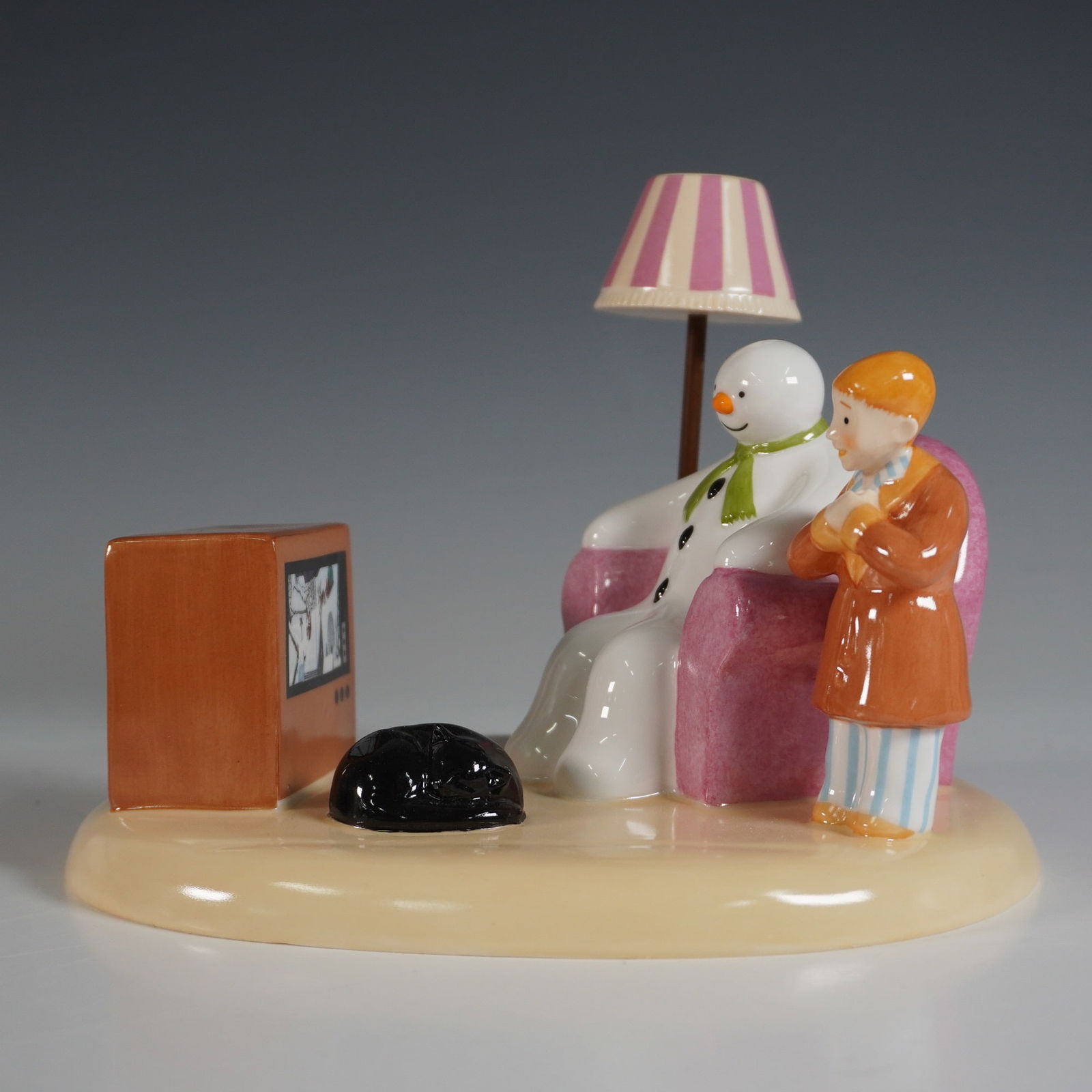Coalport The Snowman "A Cold Night In" Figurine: A limited edition porcelain figurine from The Snowman series, titled "A Cold Night In." This charming vignette captures the Snowman and a young boy watching television together, accompanied by a cozy