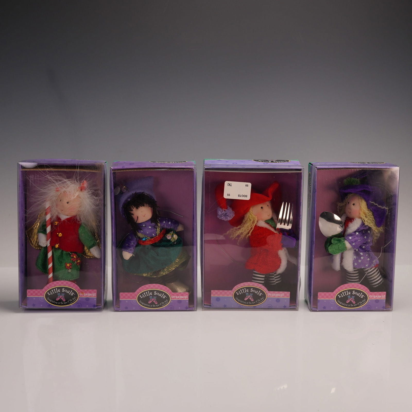 4pc Kurt S. Adler Little Souls Christmas Ornaments: Includes a whimsical elf figure holding a candy cane, a doll dressed in purple and green with a cap, a figure in red attire holding a fork, and a witch-like doll in purple with a black hat and
