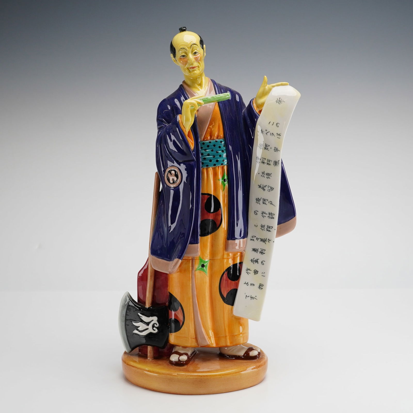 Royal Doulton Porcelain Figurine, Ko Ko HN2898: This Royal Doulton porcelain figurine, titled Ko Ko (HN2898), depicts the character of the Lord High Executioner from the Gilbert and Sullivan comic opera The Mikado. The figure is rendered in a styli
