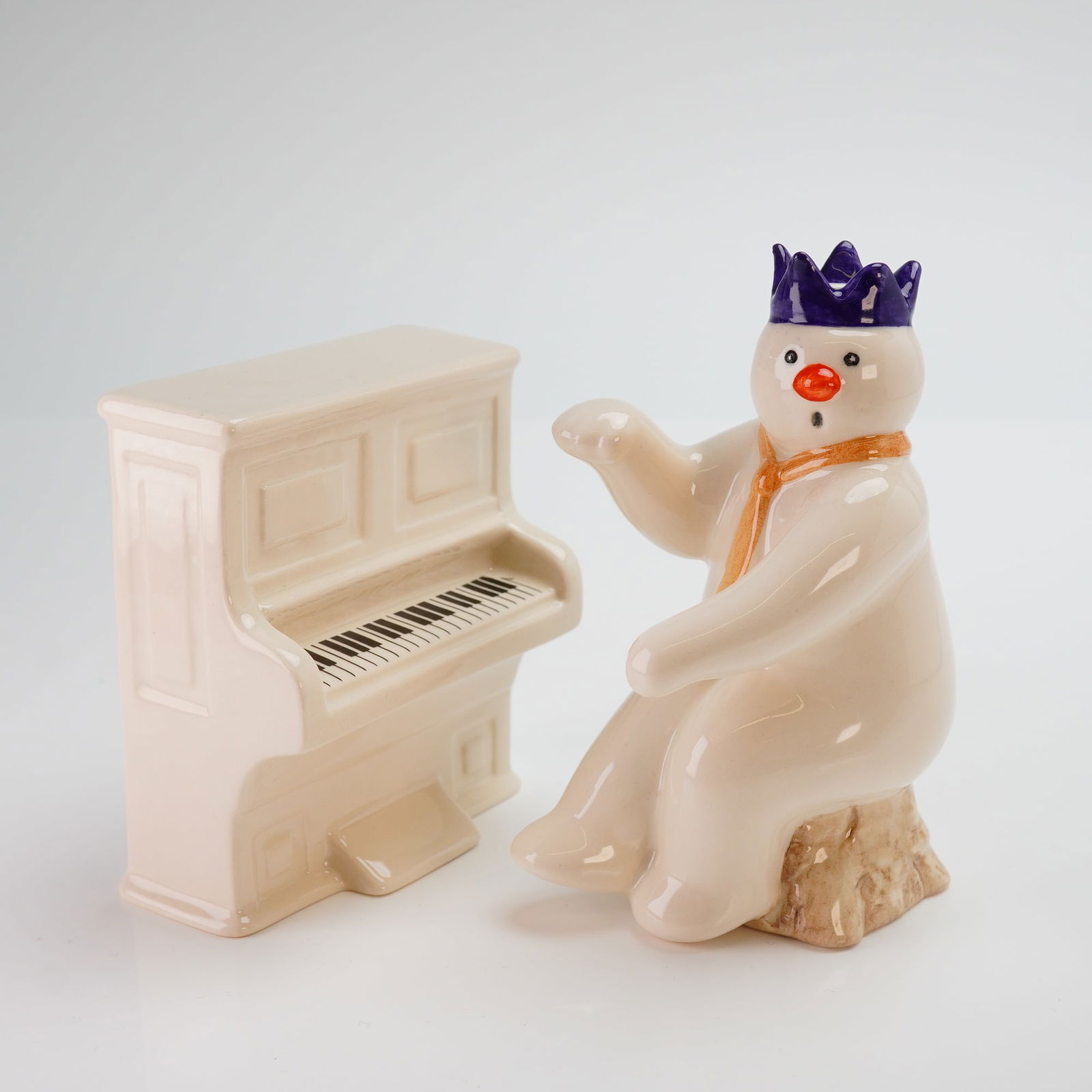 2pc Royal Doulton The Snowman Gift Collection Figurine with Piano: This 2pc Royal Doulton The Snowman Gift Collection figurines set includes the Pianist Snowman and Snowman's Piano. The glazed ceramic figures are based on the characters from Snowman Enterprises Ltd.