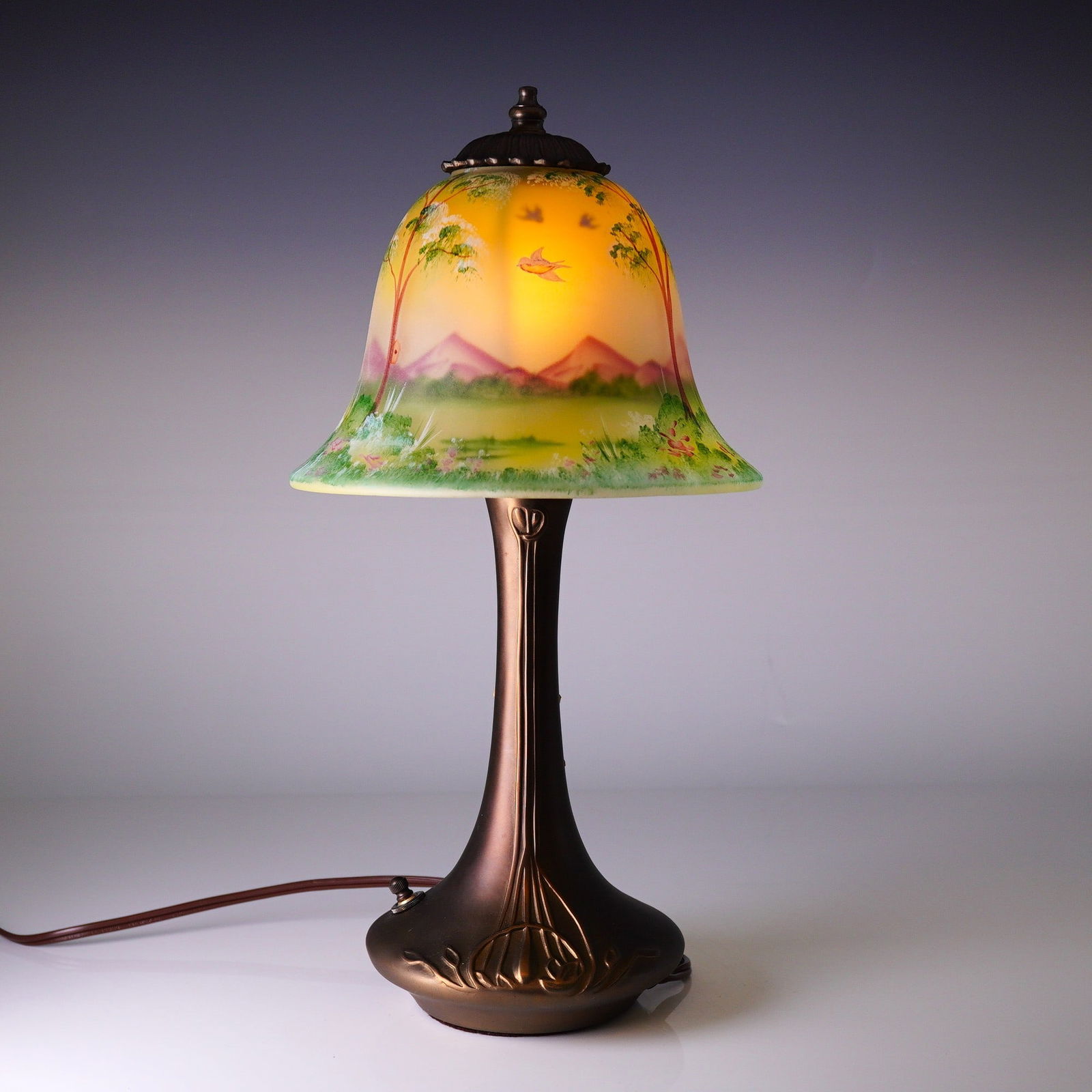 Fenton Art Nouveau Style Reverse-Painted Scenic Table Lamp (1 of 5)