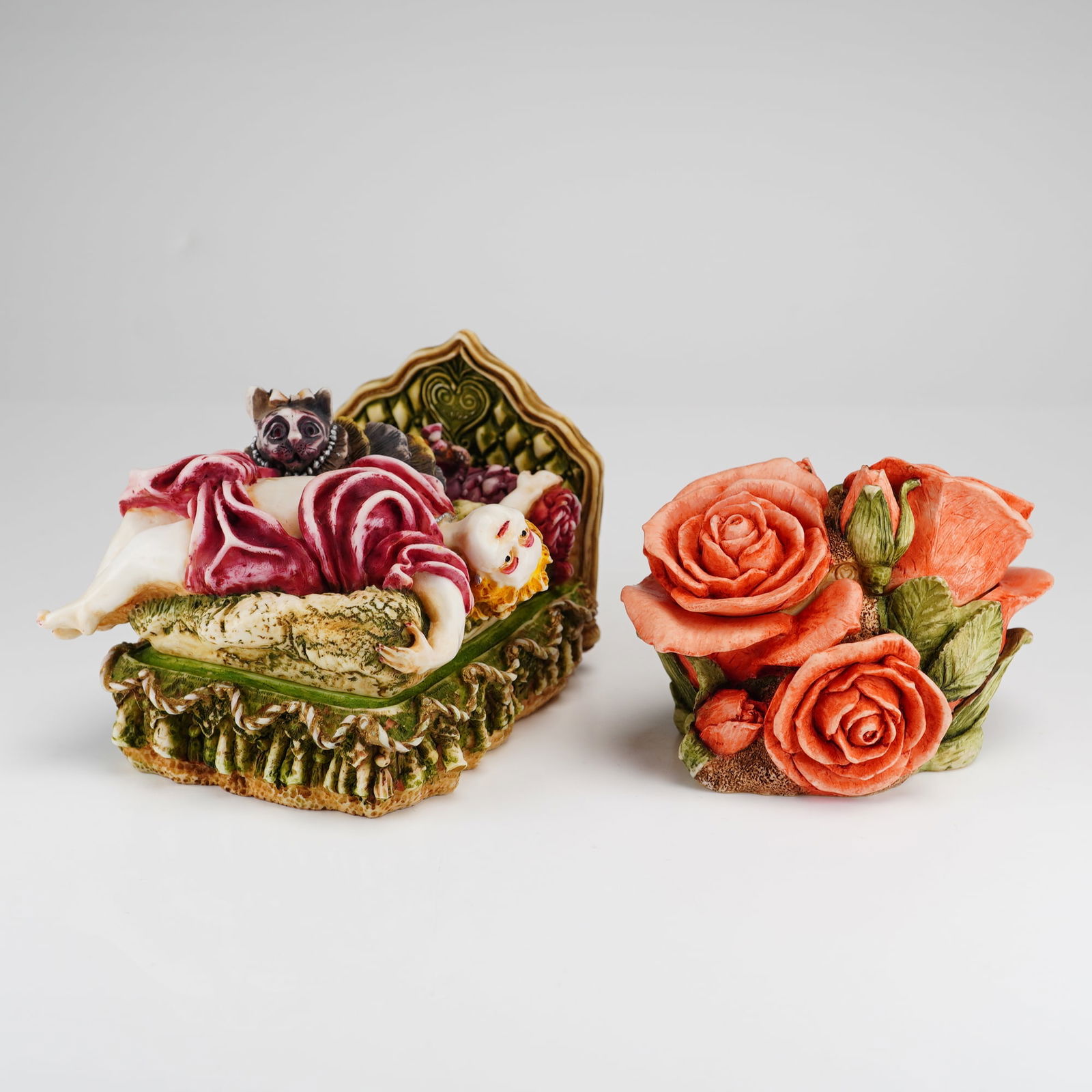 2pc Harmony Kingdom Jewelry Box Figurines, Justine & Cat & Double Pink Rose (1 of 5)