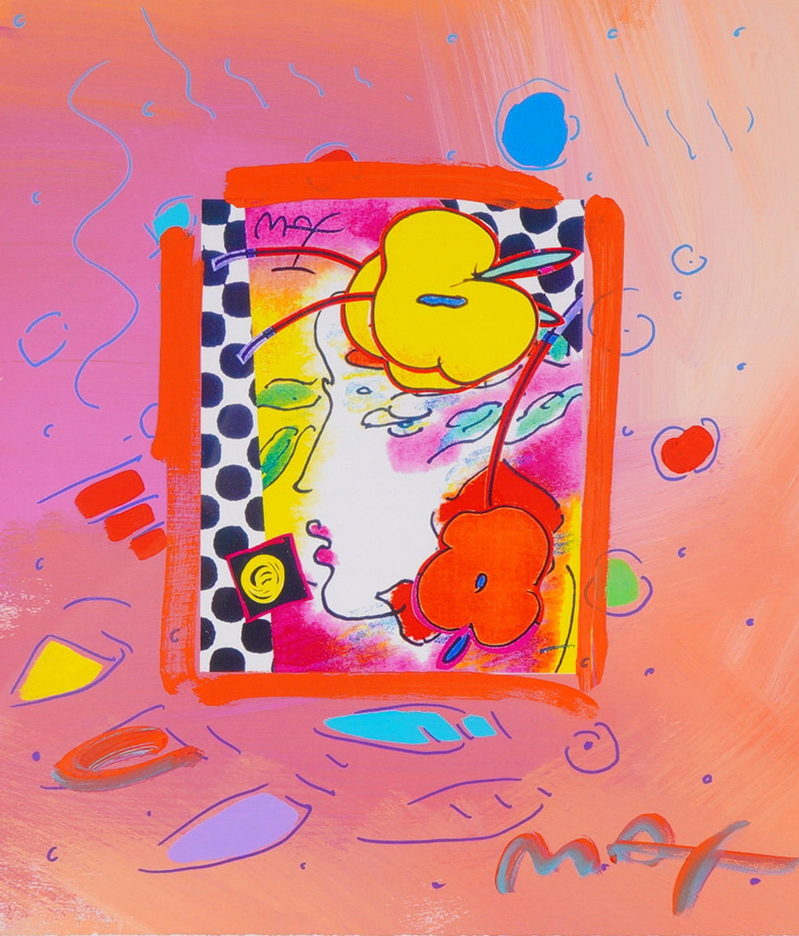 Peter Max, Acrylic & Mixed Media Collage, Looking Left, Signed: Original Peter Max acrylic painting with mixed media collage on wove paper, titled Looking to the Left, from Profile Series. This work consists of a central lithograph featuring a stylized profile por