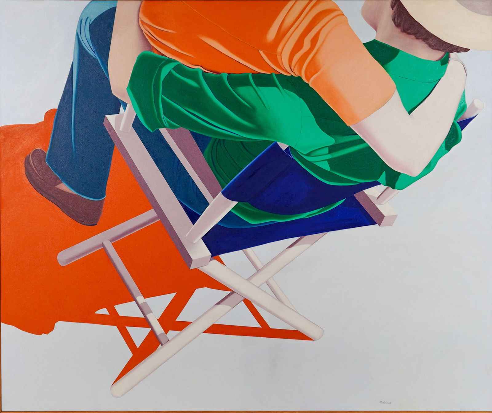 Shirley Pasternak (American 1935-2012) Large Oil on Canvas, Signed: This large-scale original oil on canvas by Abstract Realist Shirley Pasternak is titled Couple in a Chair with Orange Shadow. The composition is made of a bold, contemporary representational style, de