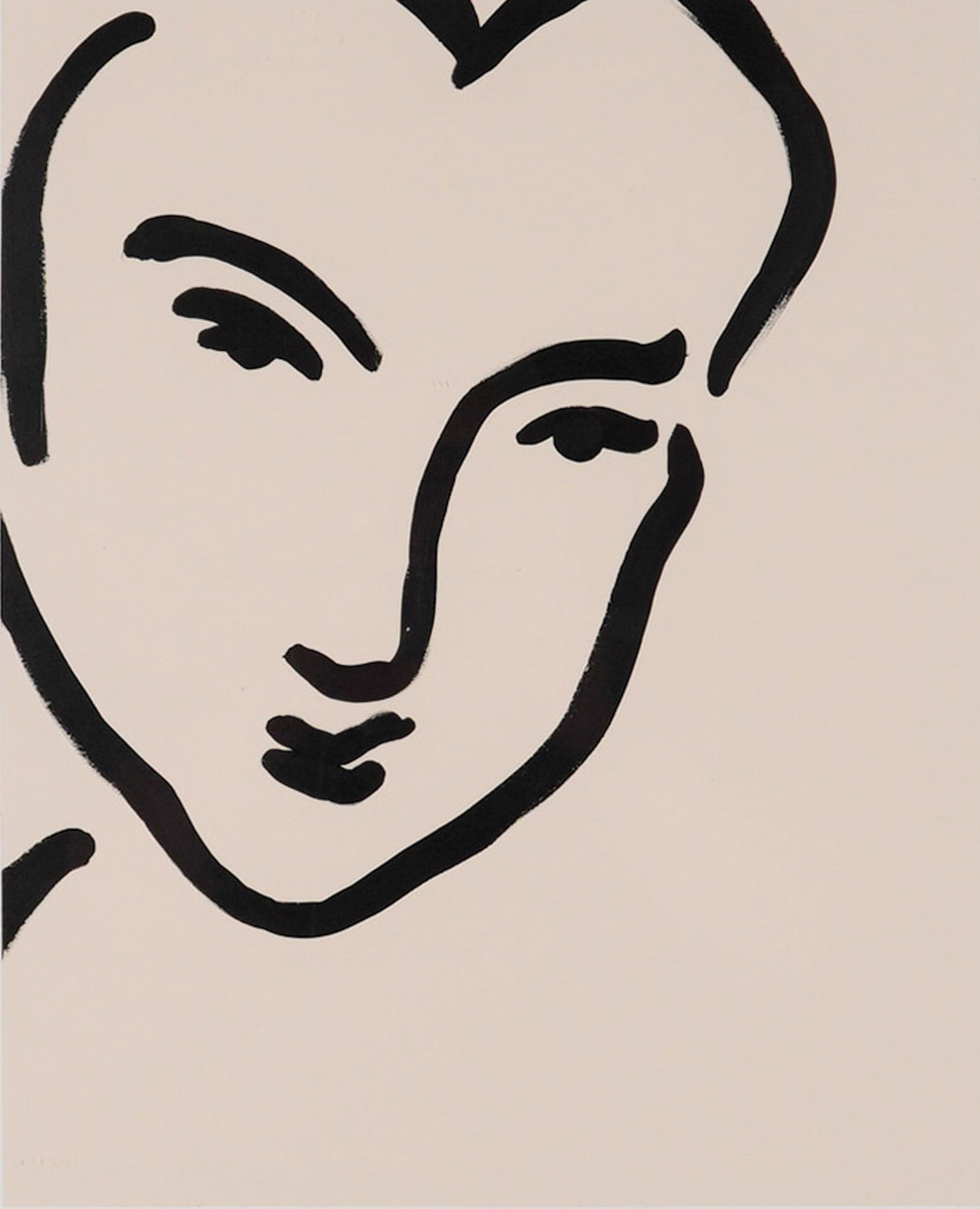 After Henri Matisse (French, 1869-1954) Original Acrylic on Paper, Nadia: This modernist portrait is an original acrylic on paper after the aquatint by Henri Matisse, titled Nadia au visage penche (Nadia with a tilted face). The work features a minimalist figurative face