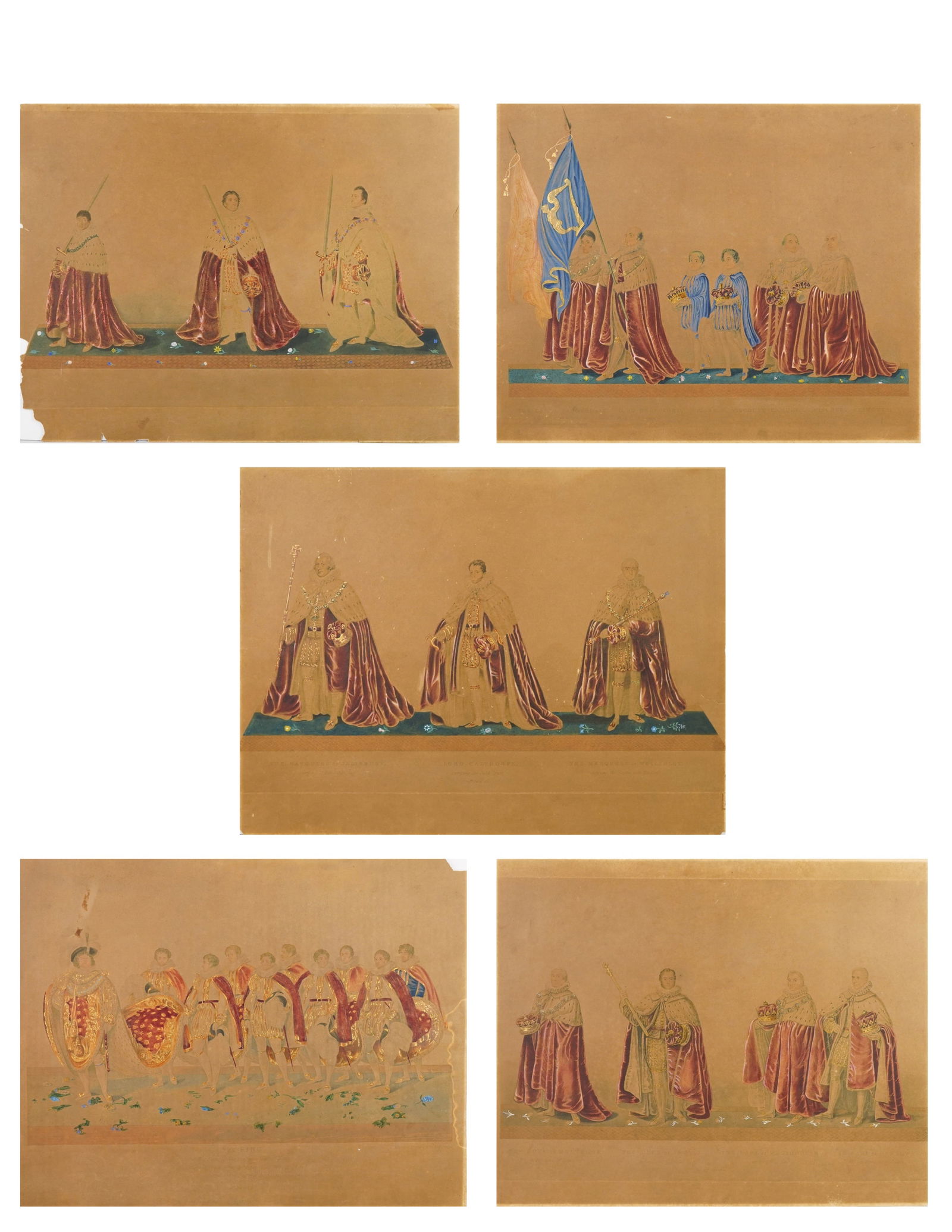 5pc 19th-Century Aquatint Engravings of the Coronation of George IV: A group of five early 19th-century hand-colored aquatint engravings from the Coronation Procession of His Majesty King George the Fourth, a companion series to The Coronation of His Most Sacred Majest