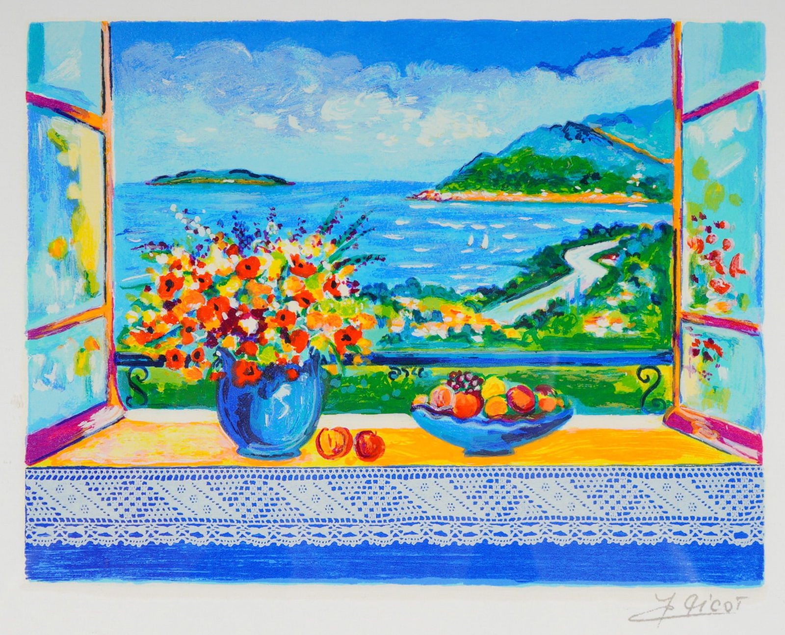 Jean-Claude Picot (French 1933-2020) Serigraph on Paper, Flowers and Lace: A serigraph on paper by French artist Jean-Claude Picot (1933-2020), titled Flowers and Lace (Fleurs et Dentelle), circa 1997. The artwork depicts a highly saturated still life in a Post-Impressionist