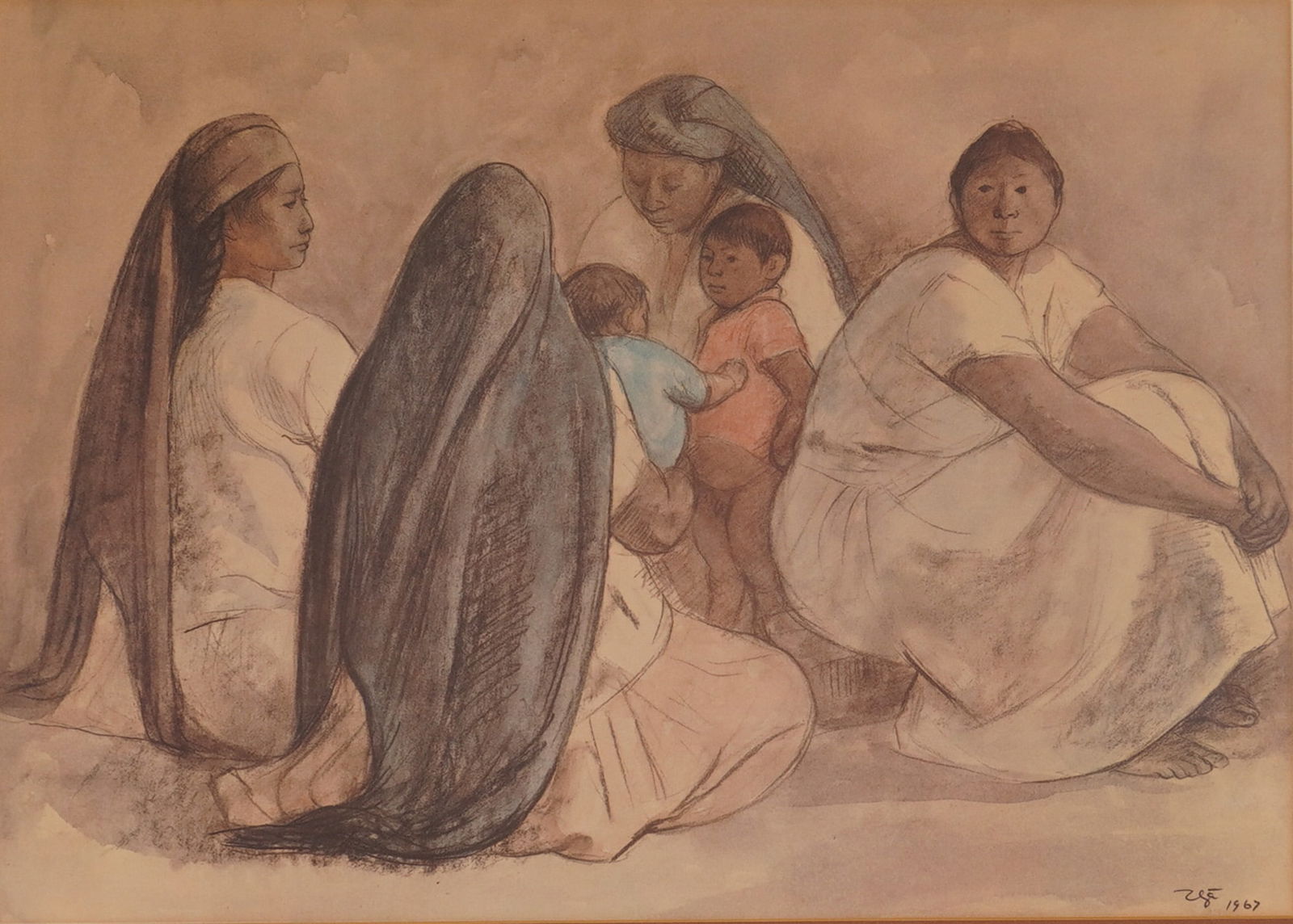 Francisco Zuniga (Mexican, 1912-1998) Offset Lithograph on Paper: Francisco Zuniga's offset lithograph print on paper titled Mujeres de Oaxaca (Women of Oaxaca) depicts a group of indigenous women and children in a seated, grounded composition. The piece is executed