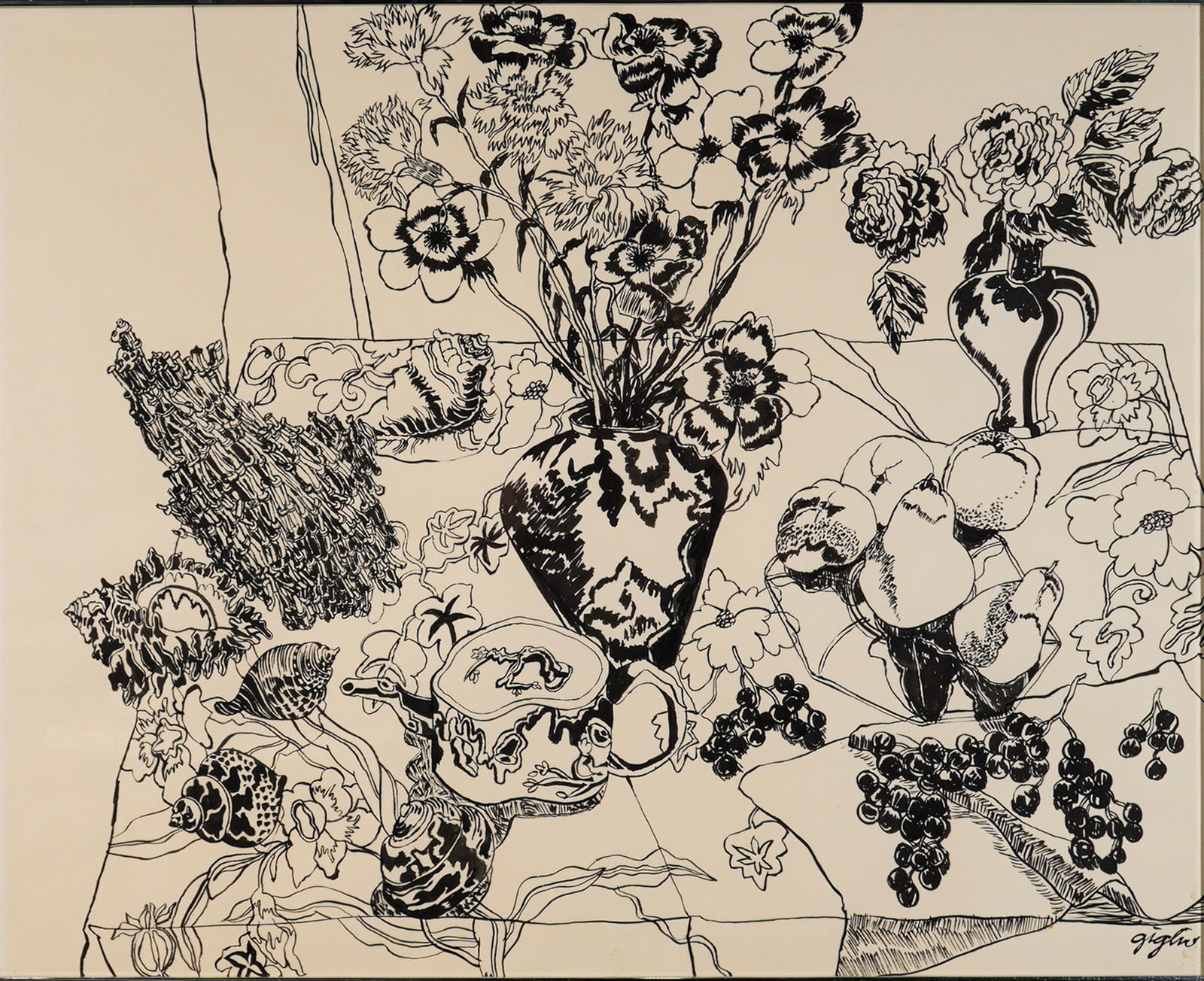 Richard Giglio (American, 1936-2015) Original Ink on Paper Still Life: This original ink on paper by Richard Giglio (American, 1936-2015) features a graphic, linear still life of a vase with flowers and fruits. The composition depicts an arrangement of carnations,