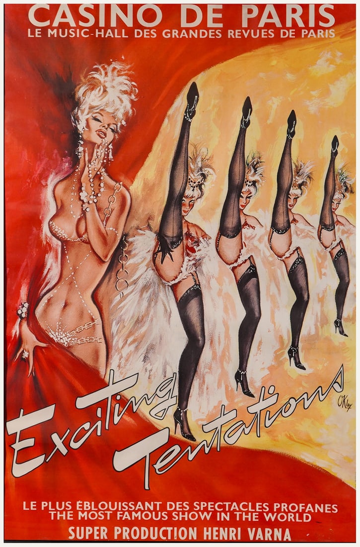 Pierre Okley (French 1929-2007), Casino de Paris Advertising Poster: This linen lined print poster advertising the Casino de Paris, designed by Pierre Okley, features the revue Exciting Tentations, The Most Famous Show in the World, Super Production Henri Varna. The co