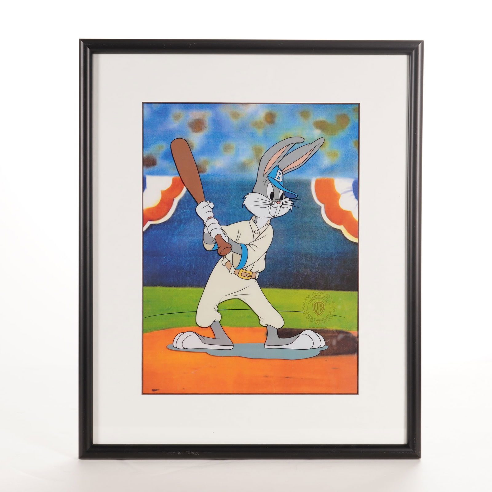 Warner Bros. Looney Tunes Baseball Bugs Limited Edition Animation Sericel: This authenticated sericel of baseball Bugs Bunny by Warner Bros., produced in 1992, depicts the character in a baseball uniform holding a bat within a stadium setting. The piece is a limited edition