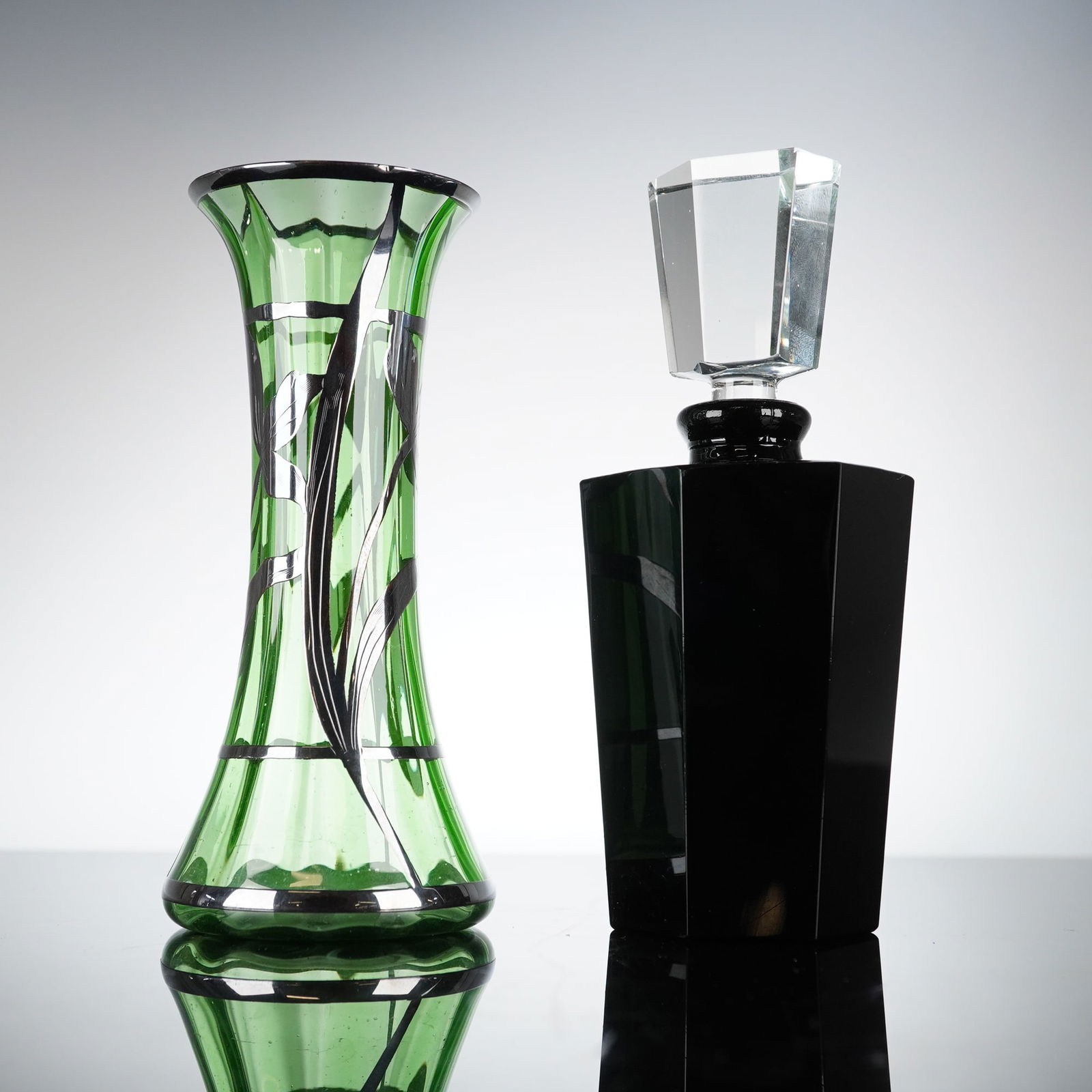 2pc Art Deco Style Glass Perfume Bottle and Bud Vase (1 of 5)