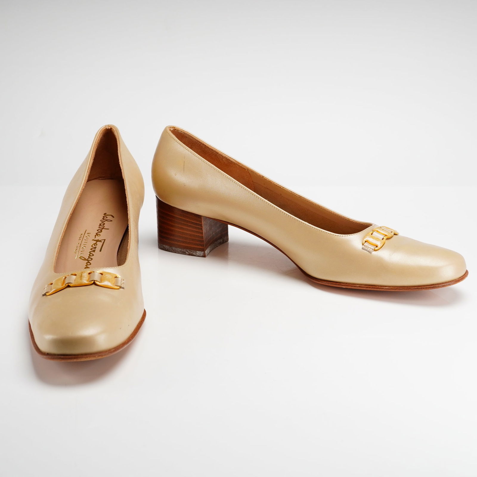 Pair of Salvatore Ferragamo Boutique Champagne Leather Gancini Pumps (1 of 4)