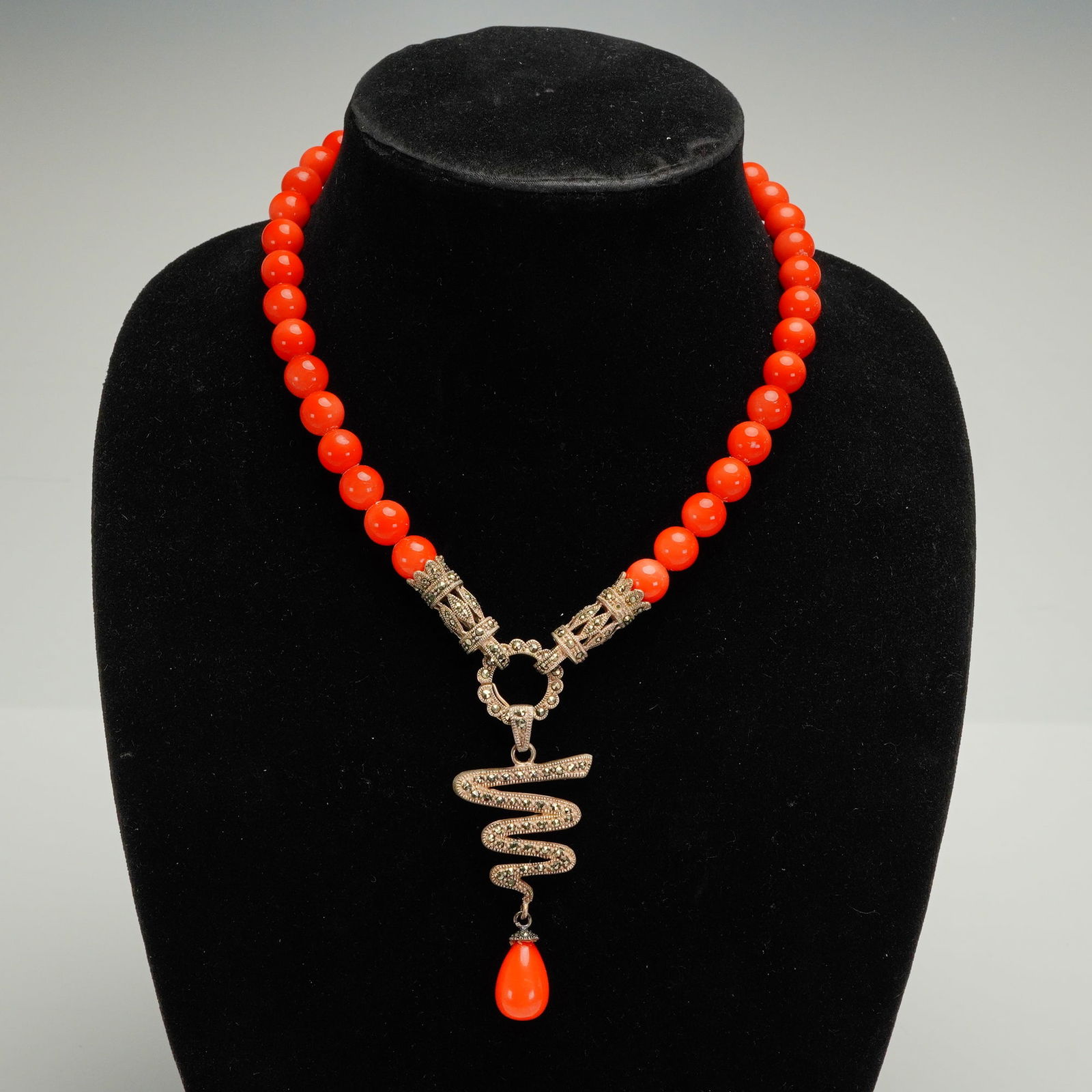 A Sterling Silver and Marcasite Coral-Colored Beaded Necklace (1 of 5)
