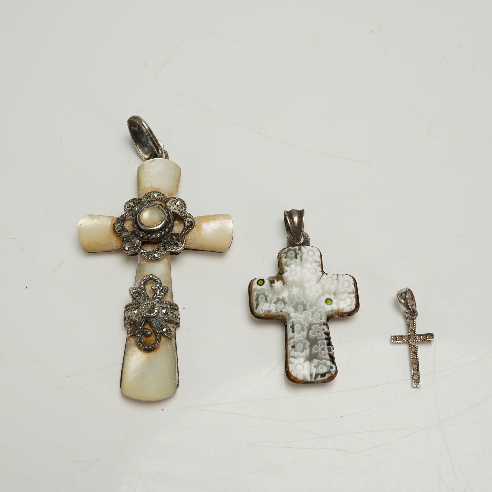 3 Vintage Cross Pendants Sterling Marcasite & Millefiori Glass (1 of 5)