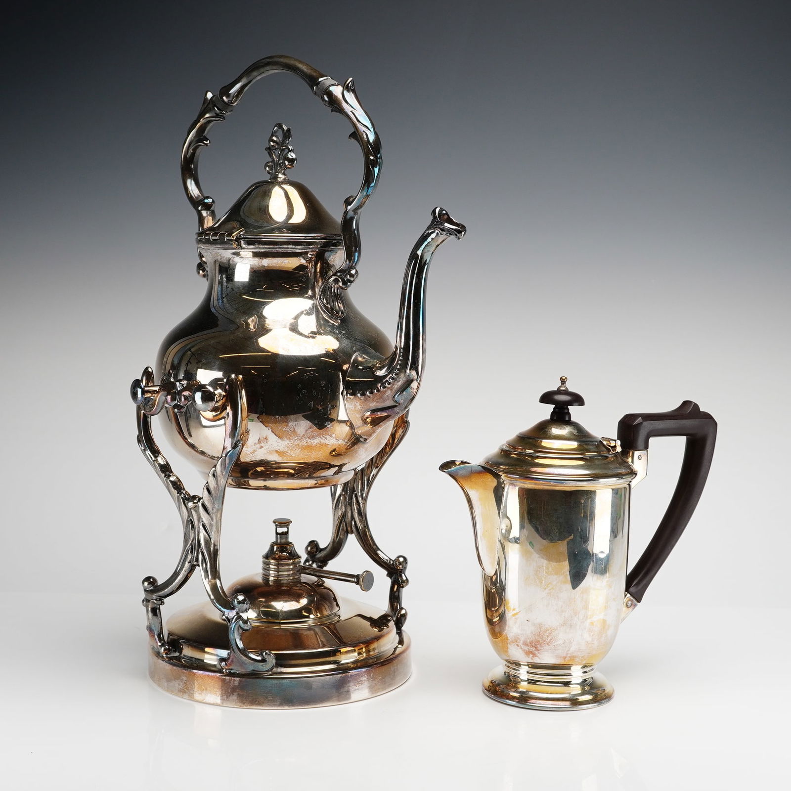 2pc Birmingham Silver on Copper Teapot with Burner and EPNS Coffee Pot (1 of 6)