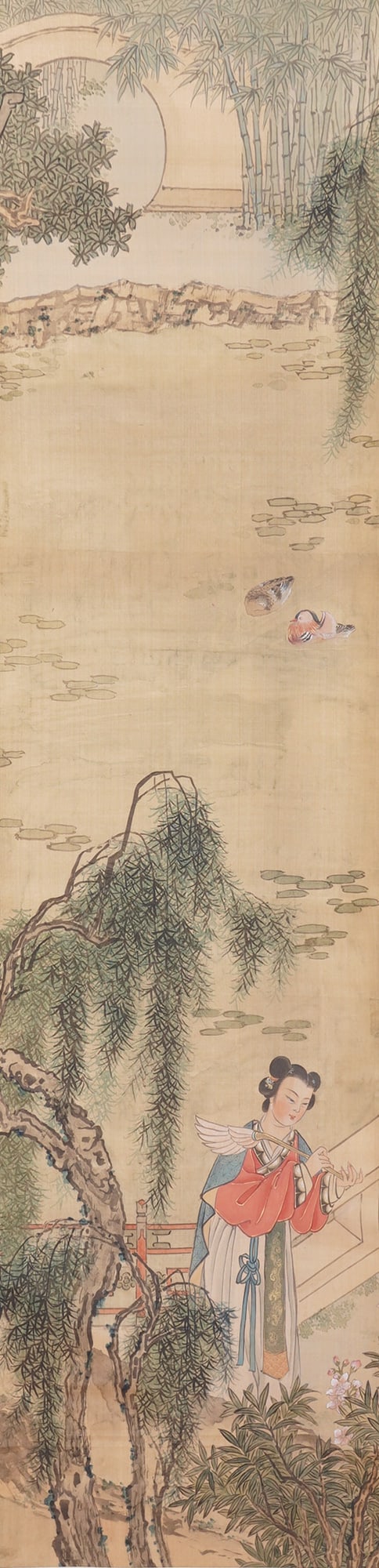 Chinese Ink and Watercolor on Paper Hanging Scroll, Courtly Scene: A vertical hanging scroll showing an elegantly dressed lady standing in a garden beneath sweeping willow branches. She holds a feathered fan and gazes toward a tranquil pond where a pair of mandarin d