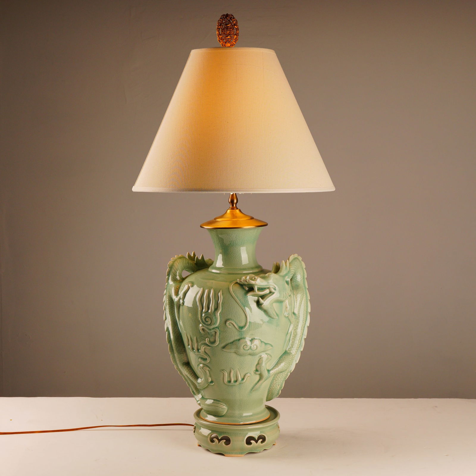 Thai Celadon Ceramic Statement Piece Lamp w/ Dragons Design (1 of 6)
