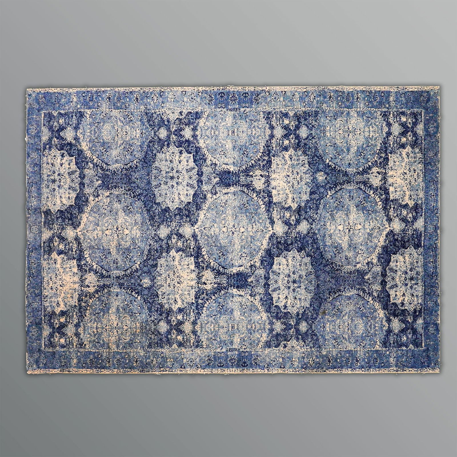 Pottery Barn 100% Wool Hand-Tufted Barret Indigo Large Printed Rug: Pottery Barn large hand-tufted area rug in the sought-after Barret Indigo design. Crafted from 100% wool, this rug features a bold printed pattern in rich indigo tones, offering both durability and ti