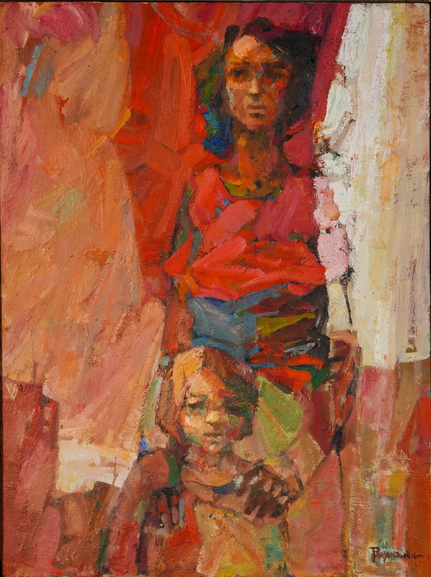 Irving Rosenzweig (American 1915-1983) Oil on Canvas, Mother and Child: This original signed oil on canvas by American artist Irving Rosenzweig (1915-1983) is titled Mother and Child. The expressionist figurative painting depicts two figures against a vibrant, abstract ba