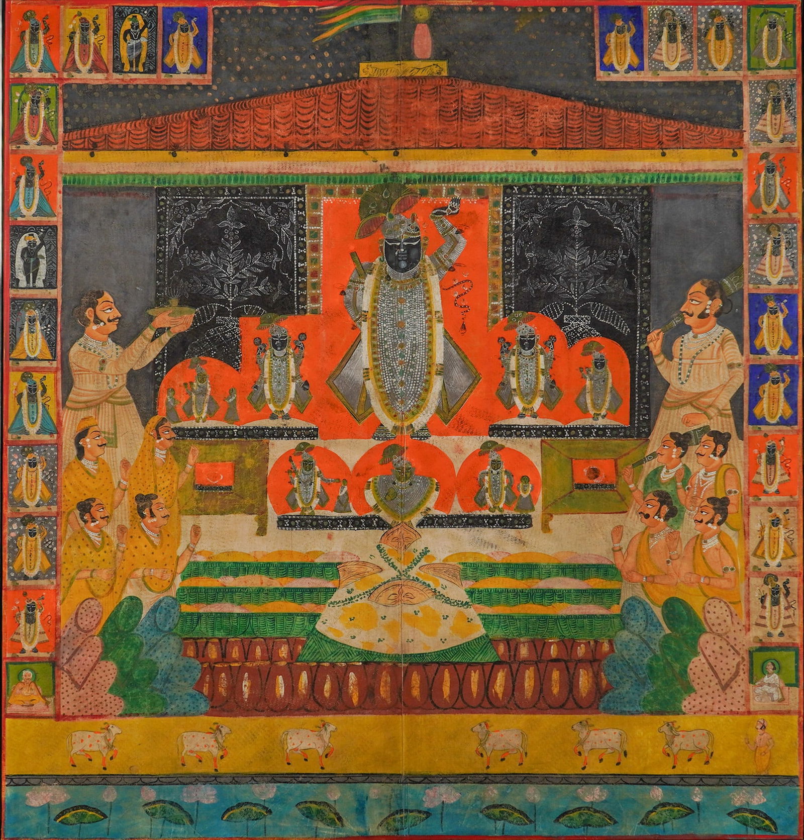 Traditional Indian Pichwai Large Scale Painting of Shrinathji: This original natural pigments on cloth is a traditional Indian Pichwai painting that depicts the central figure of Shrinathji under a draped canopy. The composition features a vibrant vermilion centr