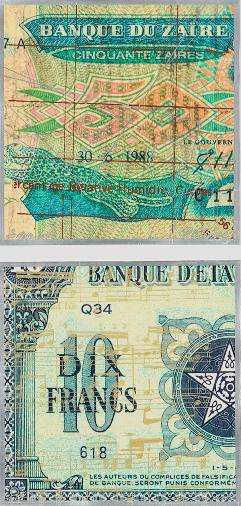 Gerald O'Connor (American b.1936) Mixed Media Collage w/ Banknotes, Signed: This mixed media collage features two distinct panels incorporating international currency designs. The upper panel utilizes elements from a Banque du Zaire fifty-zaire note, dated June 30, 1988, and