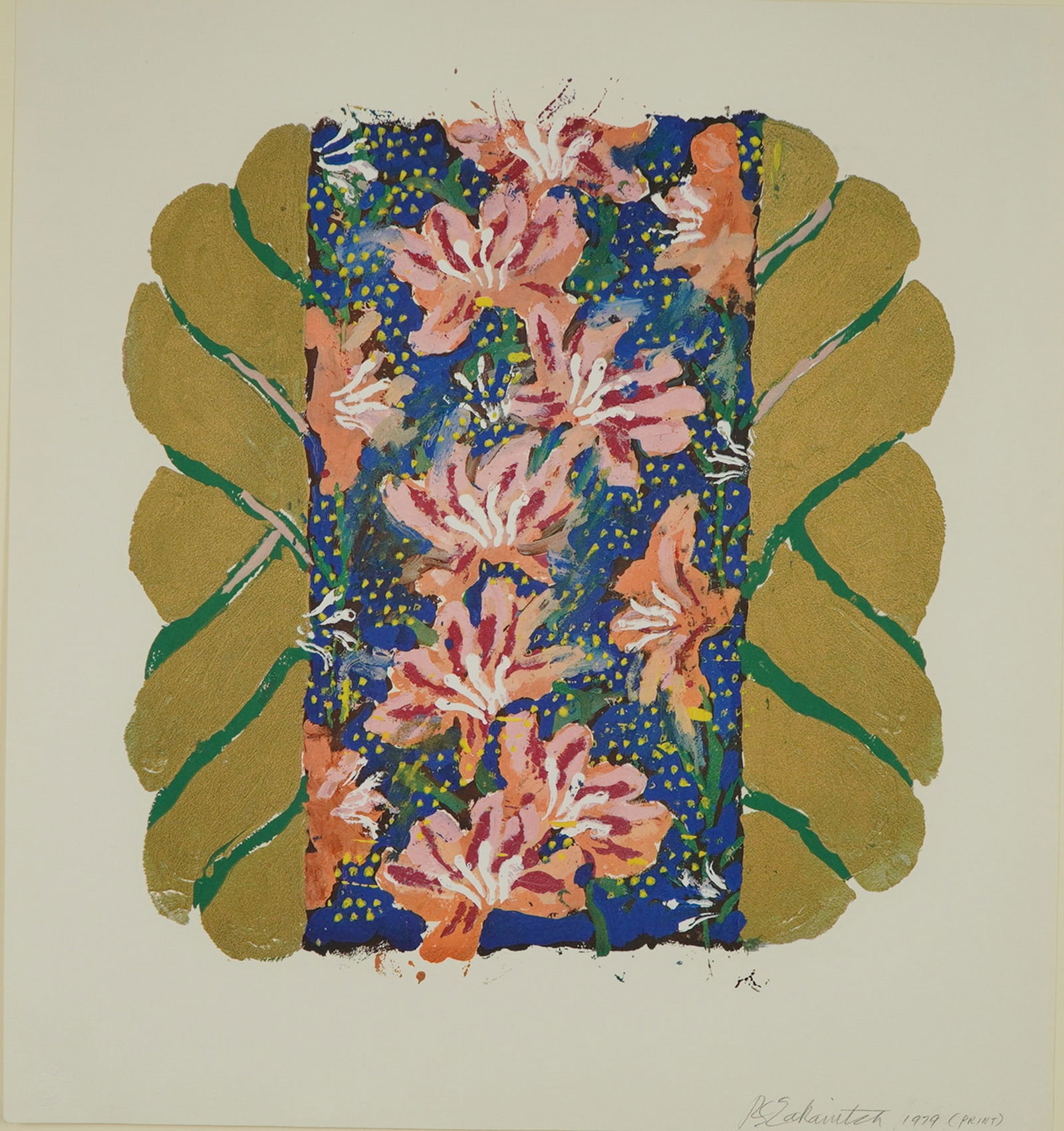 Robert Zakanitch (American, b. 1935) Screenprint on Paper, June, Signed: A screenprint on paper titled June by American artist Robert Zakanitch from 1979. The composition features a central vertical arrangement of stylized pink and orange blossoms on a dark blue ground acc