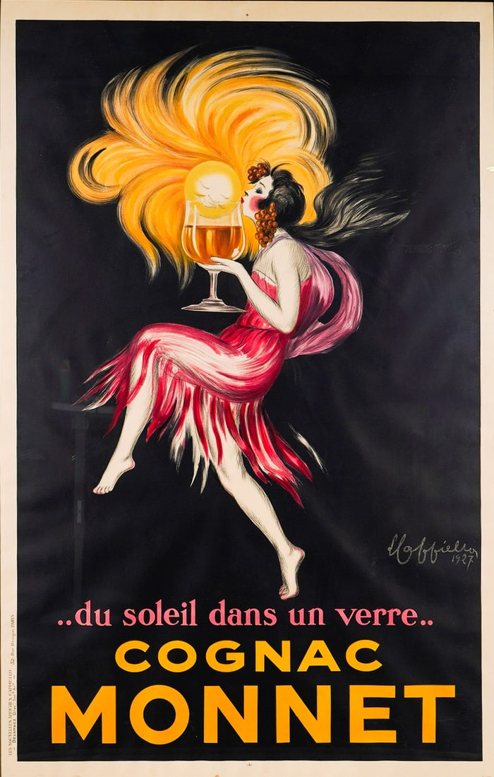 Leonetto Cappiello (Italian 1875-1942) French Lithograph Advertising Poster: This original Art Deco lithographic advertising poster by Leonetto Cappiello, titled Cognac Monnet was printed by Devambez Graveur, Paris, in 1927. Cappiello depicts a woman in a red dress with grape-