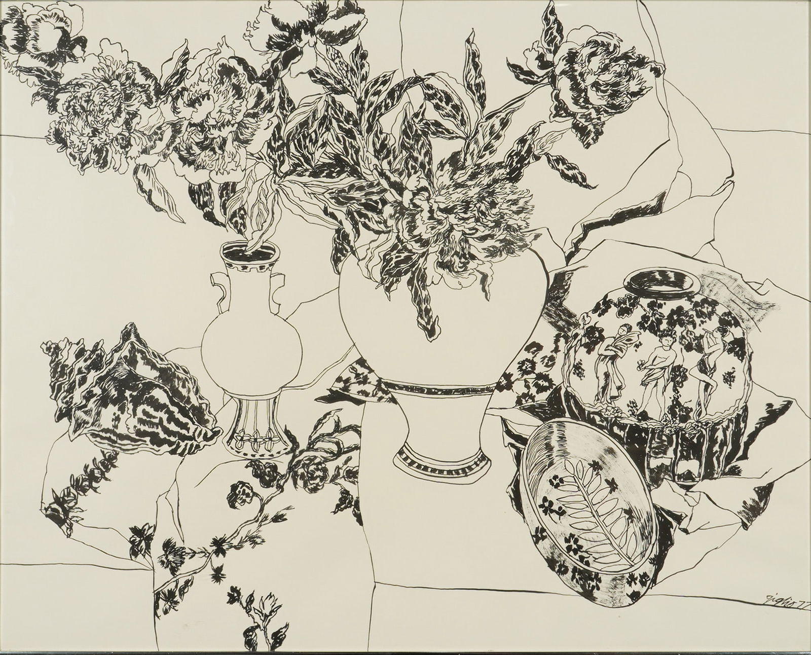 Richard Giglio (American, 1936-2015) Ink on Paper, Still Life Vase: This original Richard Giglio ink on paper artwork depicts a still life vase with flowers, arranged in various vessels, including a vase with handles and a decorative bowl featuring classical figures.
