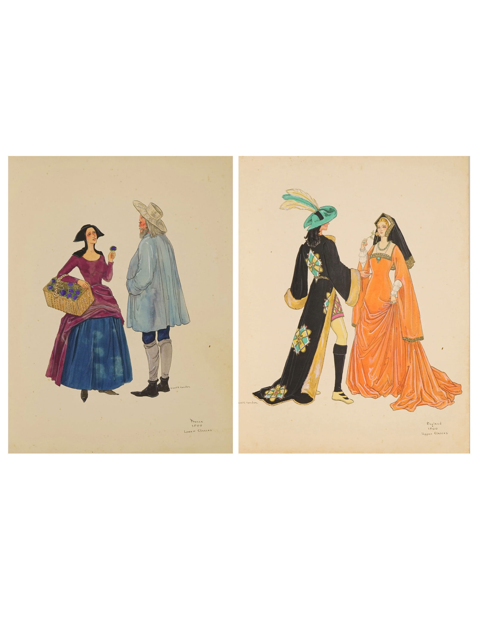 H. & C. Condon, 2pc Theater Costume Design Watercolors on Paper, Signed: Vibrant duo of original hand-painted costume studies by Hamilton and Clarissa Condon, depicting period dress from 1500s England and France. Each watercolor captures vivid attire representing the upper