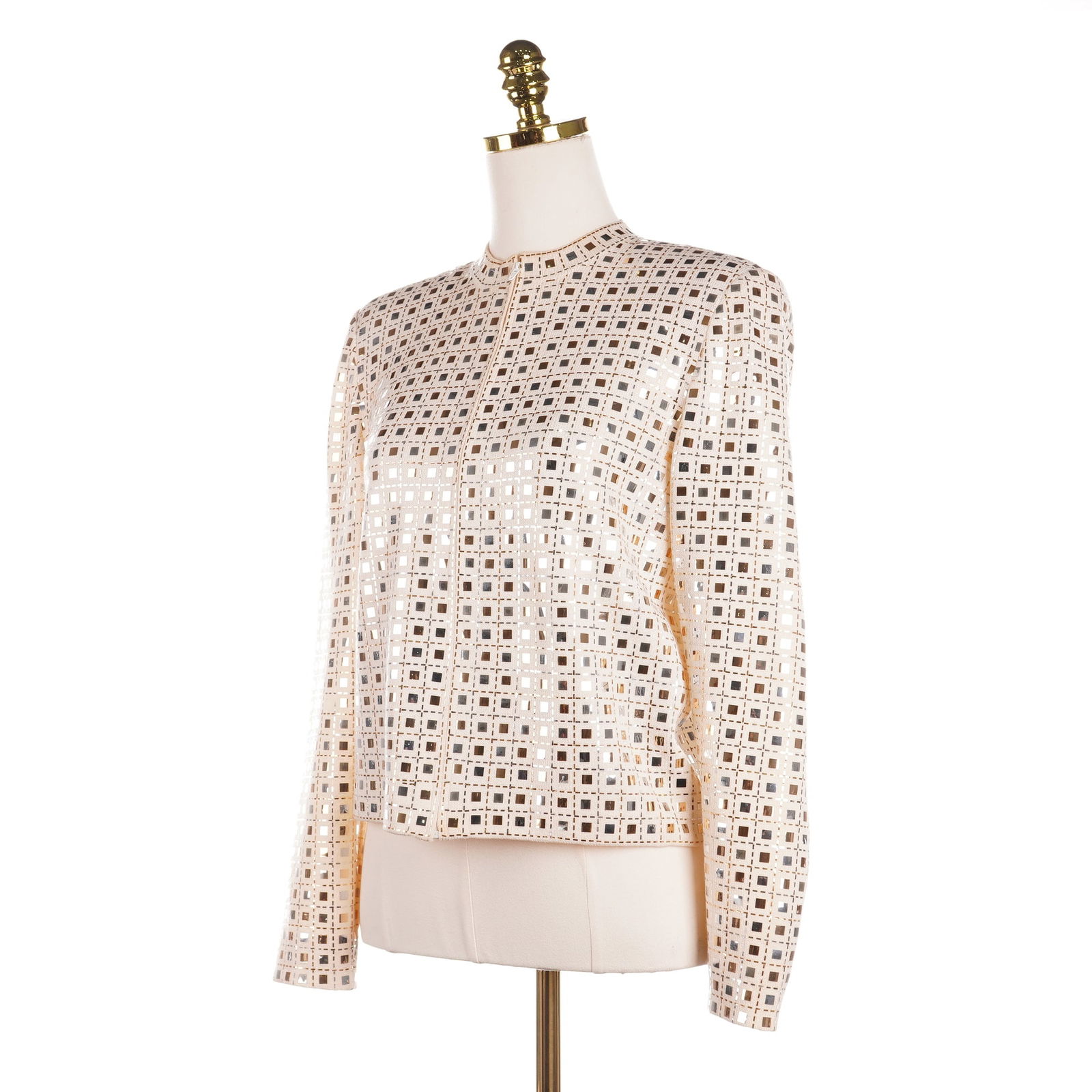 St. John Evening by Marie Gray Off-White Mirror Embellished Jacket: A St. John Evening by Marie Gray off-white zipper cardigan jacket featuring a dense, all-over grid pattern of square mirrored embellishments in alternating gold and silver tones. This structured knit