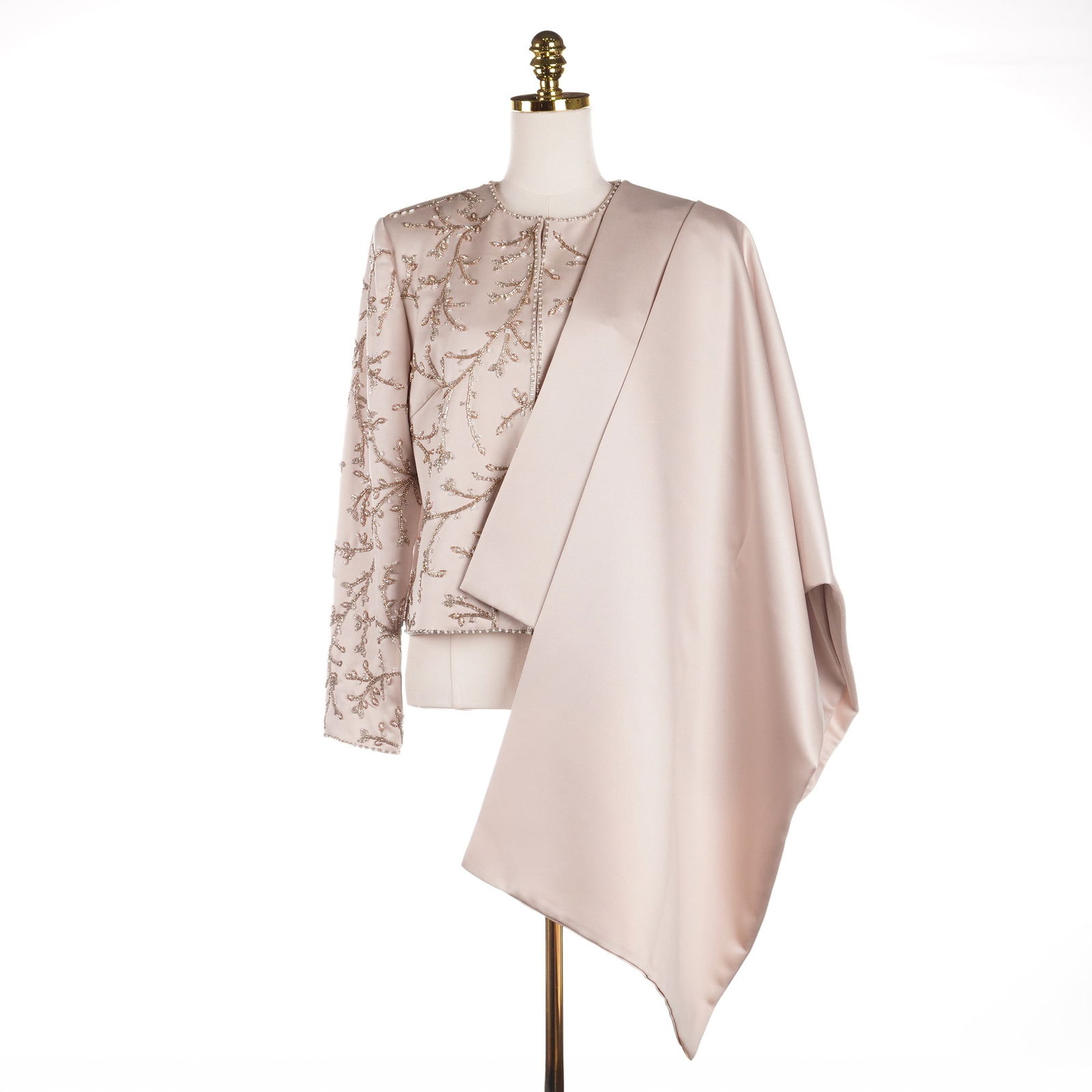 2pc Nahdree Black Tie Beaded Jacket & Oleg Cassini Oversize Shawl: This two-piece evening wear ensemble in a light cream color consists of a cropped jacket and a coordinating oversize wrap. The jacket, labeled Nahdree Black Tie, is constructed from a satin-finished