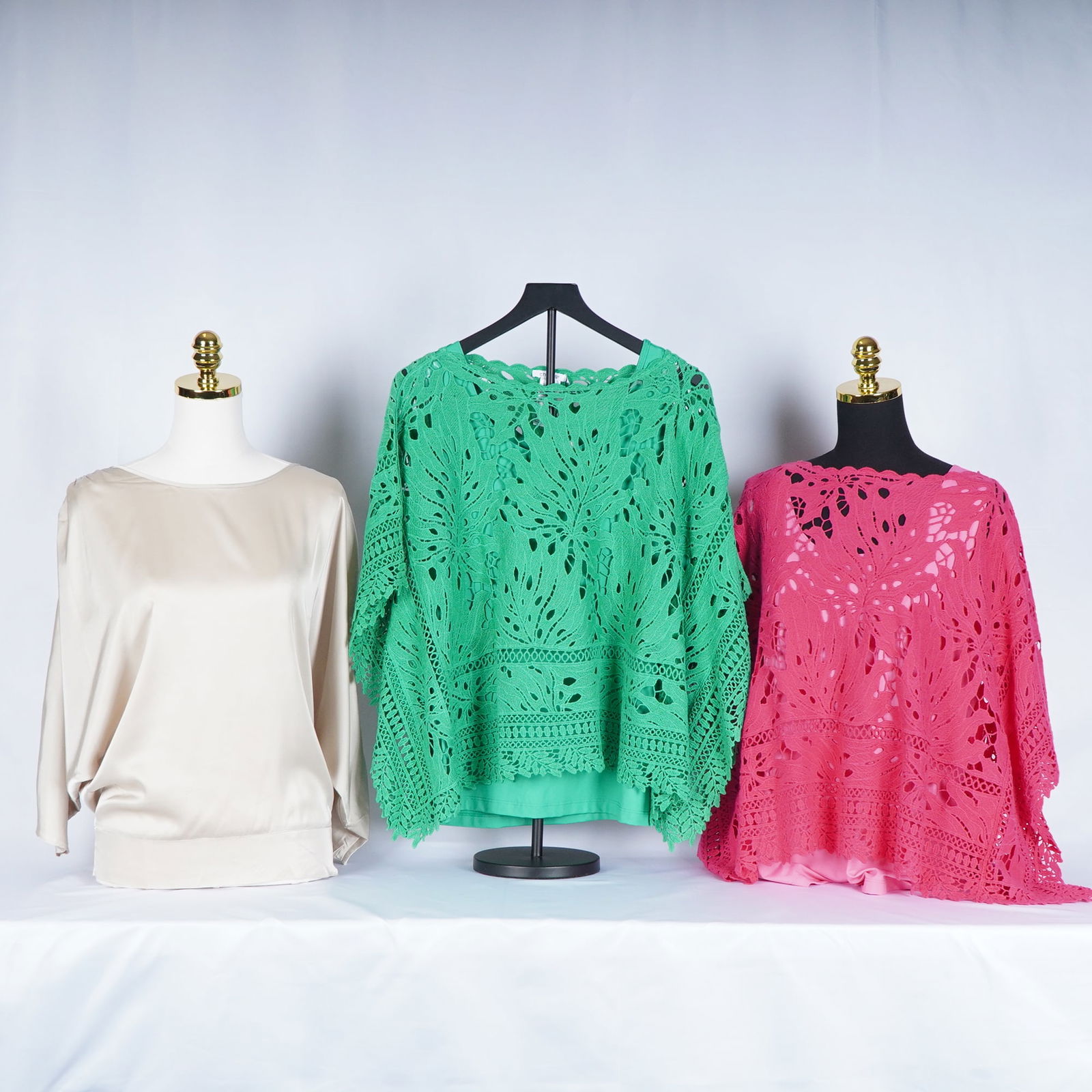 3pc Chico's Women's Clothing, Blouses and Crocheted Overlay: Chico's women's wear grouping including a beige sheen long-sleeve top (Size 1) along with two open-knit overlay sweaters in green and pink, each paired with their original matching camisoles (both