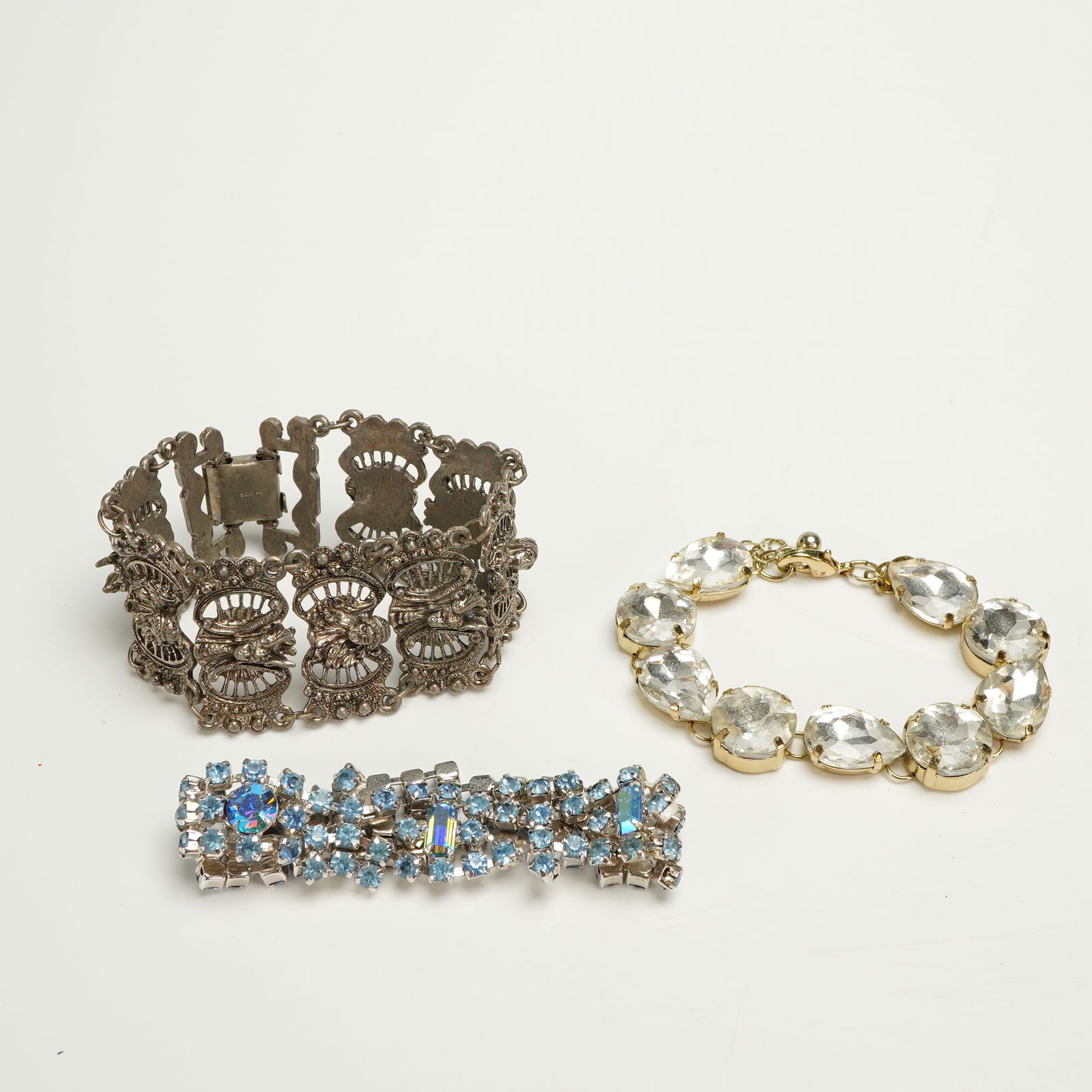 A Trio of Silver Tone and Gem Inlay Bracelets (1 of 7)