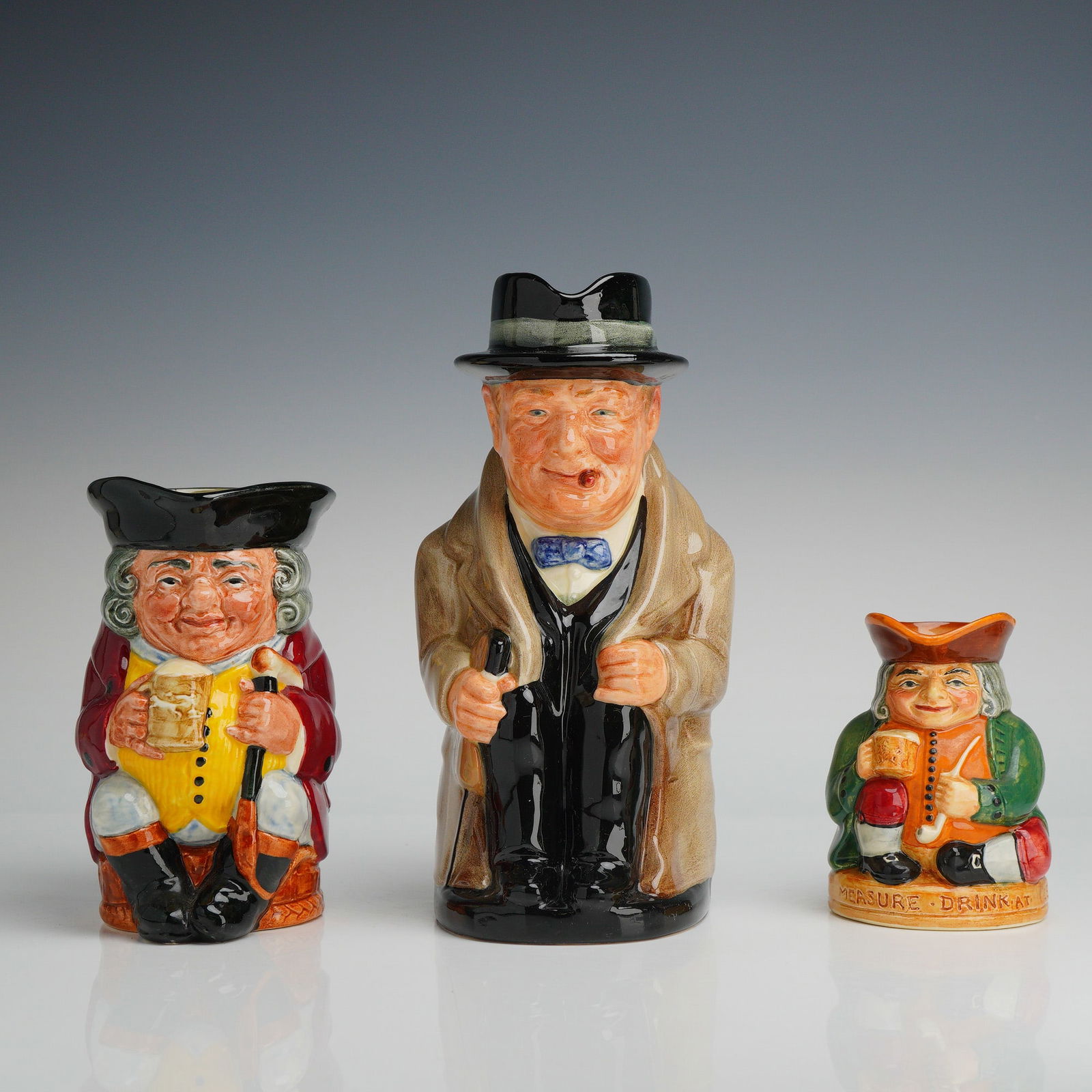3pc Royal Doulton Toby Jugs, Winston Churchill, Jolly Toby, Honest Measure (1 of 3)