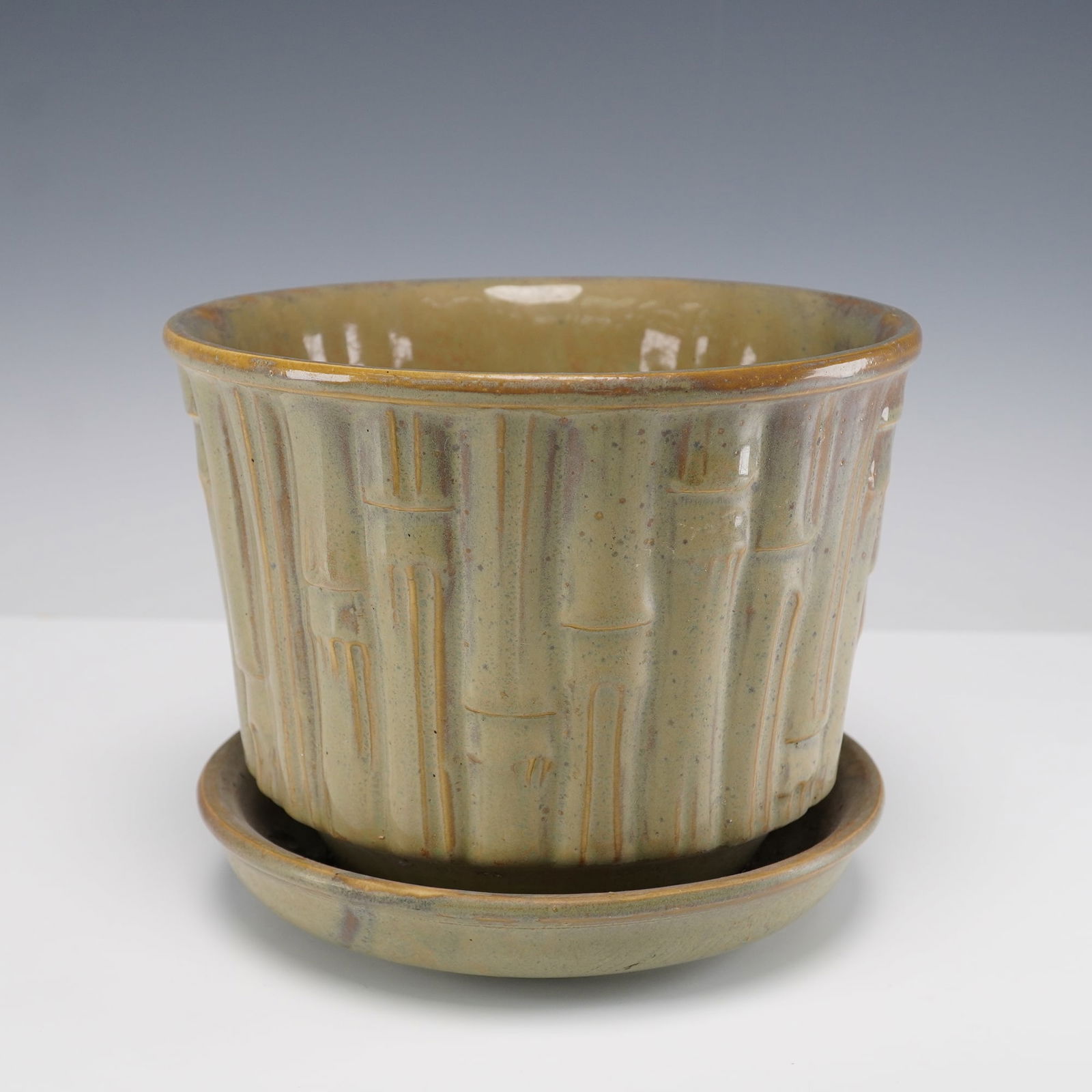 McCoy Pottery Bamboo Planter with Attached Saucer (1 of 5)
