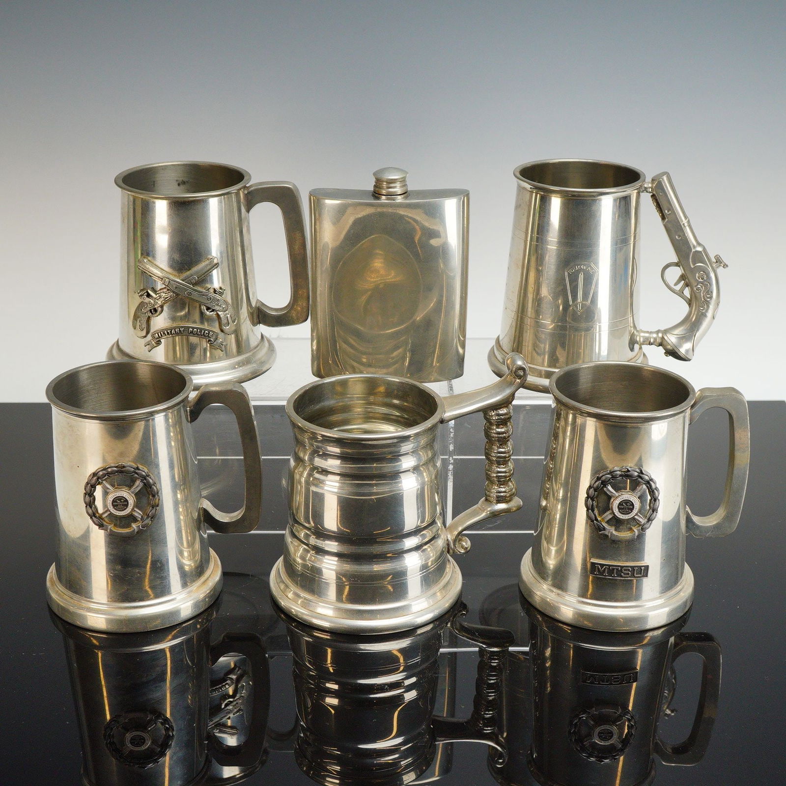 6pc English Pewter Steins and Hip Flask (1 of 5)