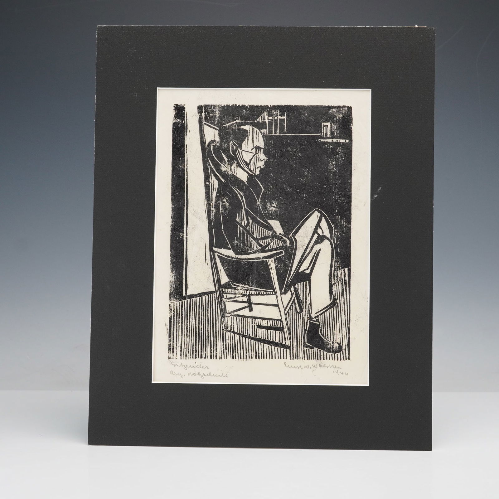 Etching on Paper, Sitzender He Who Sits, Signed and Dated 1944: This etching on fine paper depicts a seated figure, captured with bold, expressive lines. The piece is signed and dated 1944 in the lower right corner and titled Sitzender or He Who Sits in the lower