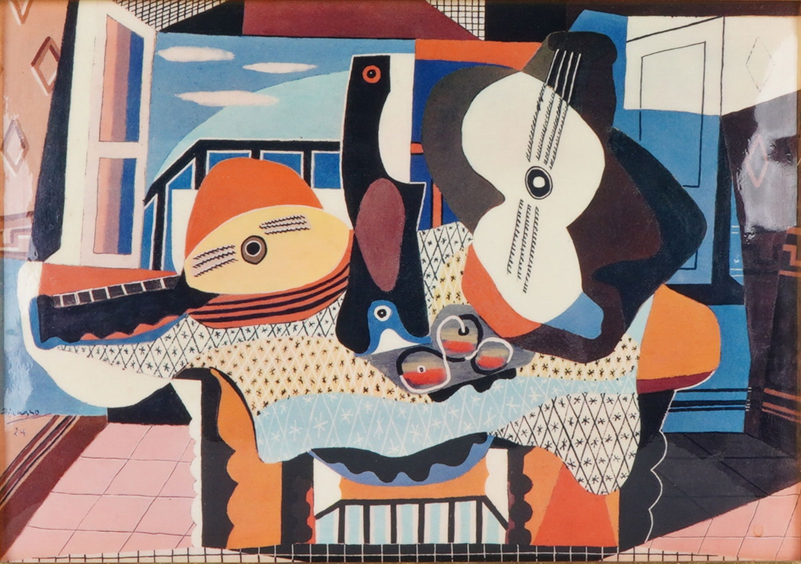 French Hand-Hammered Enamel Convex Painting After Pablo Picasso: A striking mid-20th century hand-hammered enamel on copper interpretation of Pablo Picasso's celebrated Mandolin and Guitar, executed by the renowned French atelier Helca. This exceptional example sho