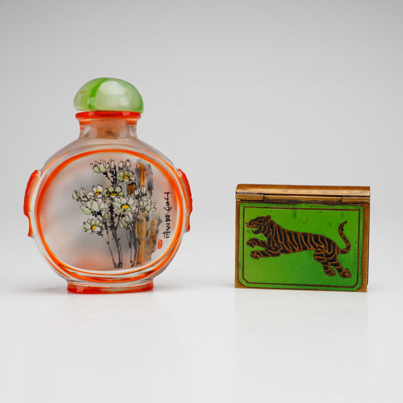 2pc Chinese Snuff Bottle and Enameled Brass Box (1 of 4)