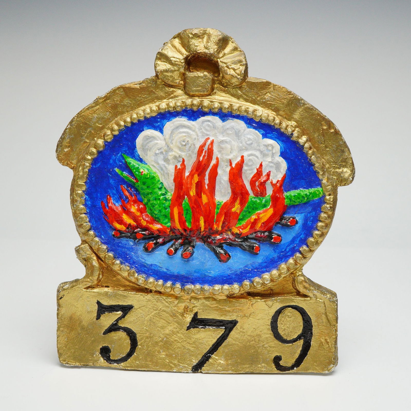 Salamander & Western Fire Assurance Society Reproduction Fire Mark Plaque: This cast plaque presents the salamander-in-flames emblem associated with the Salamander and Western Fire Assurance Society, set within a beaded oval frame above the applied number 379. A typed label